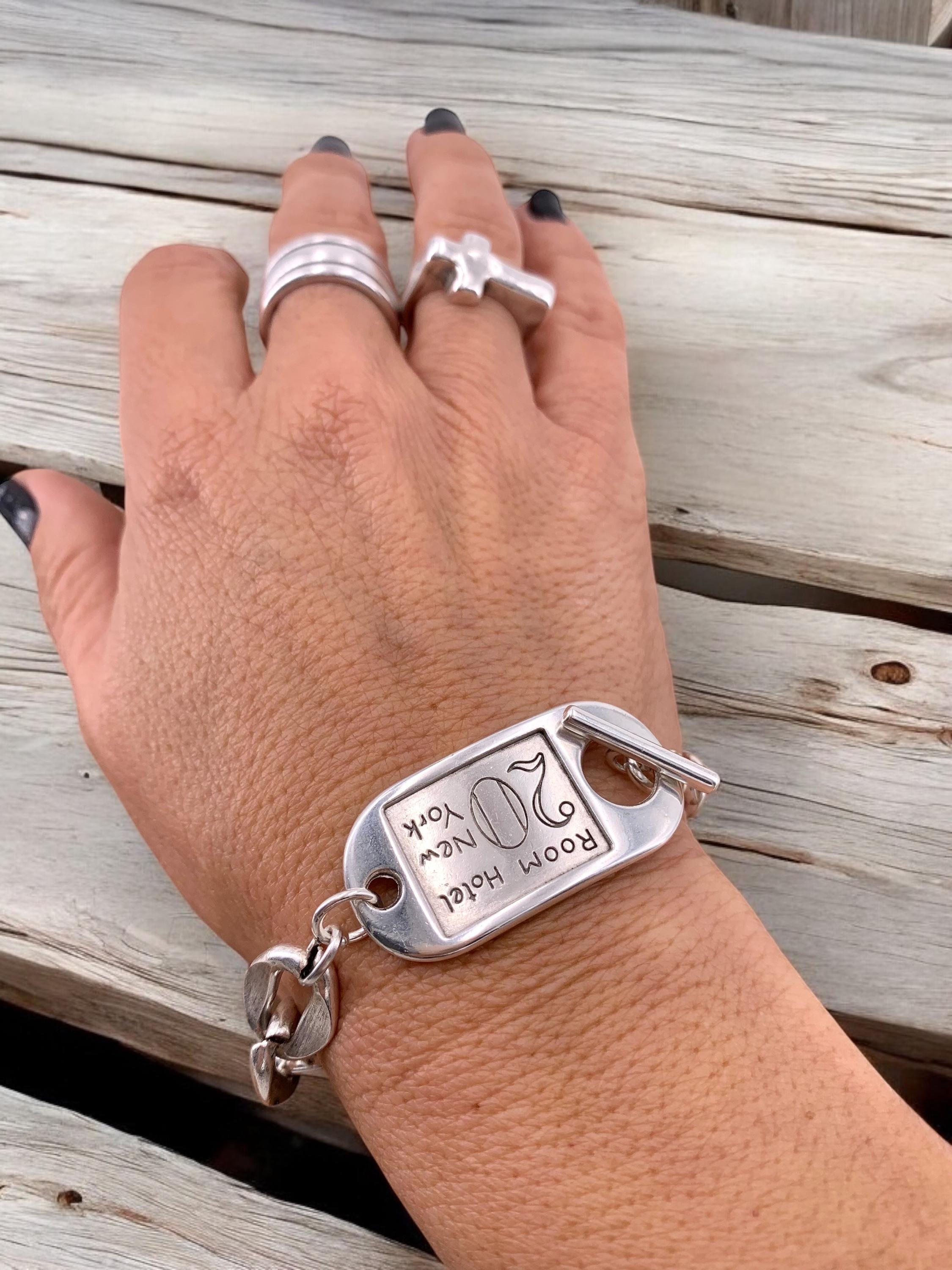 Chunky Silver Chain bold Bracelet with ID Tag Toggle Clasp, Heavy industrial Handmade Jewelry