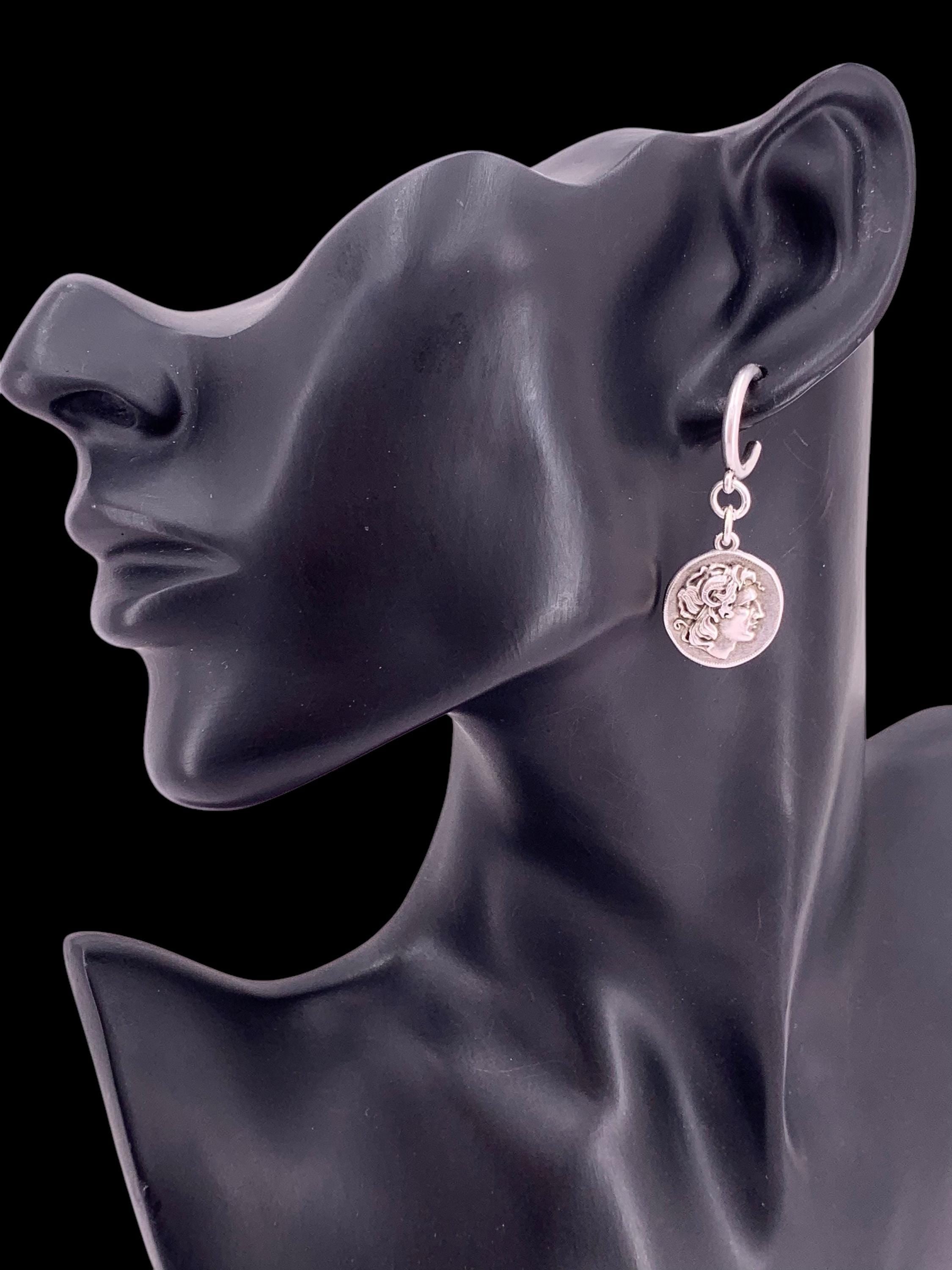 Huggie hoop dangle coins silver earrings, dropped silver coins earrings, hoop earrings, uno de 50 style, bohemian earrings, gift for women