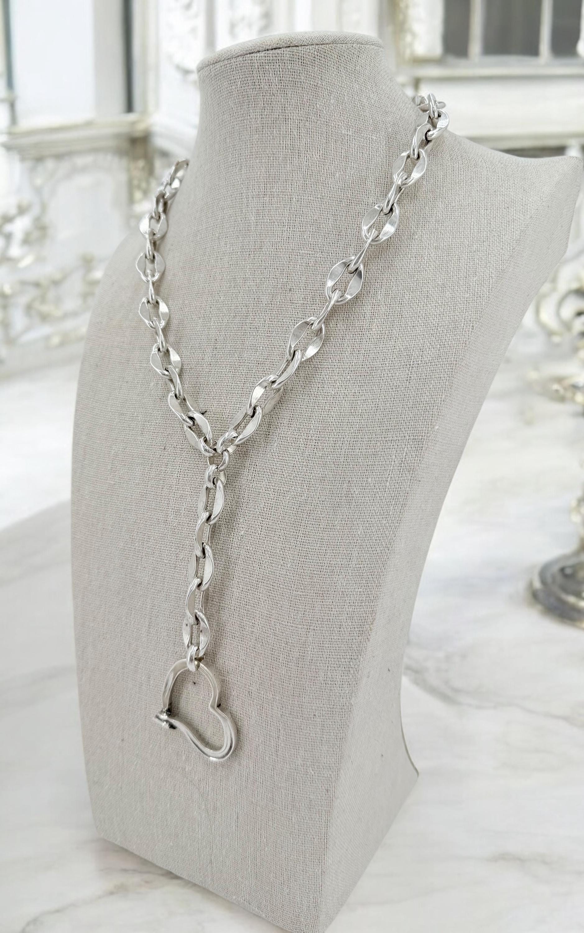 Chunky chain lariat big heart pendant necklace, Y silver bold chain necklace, bulky lariat necklace, uno de 50 style, statement pendant
