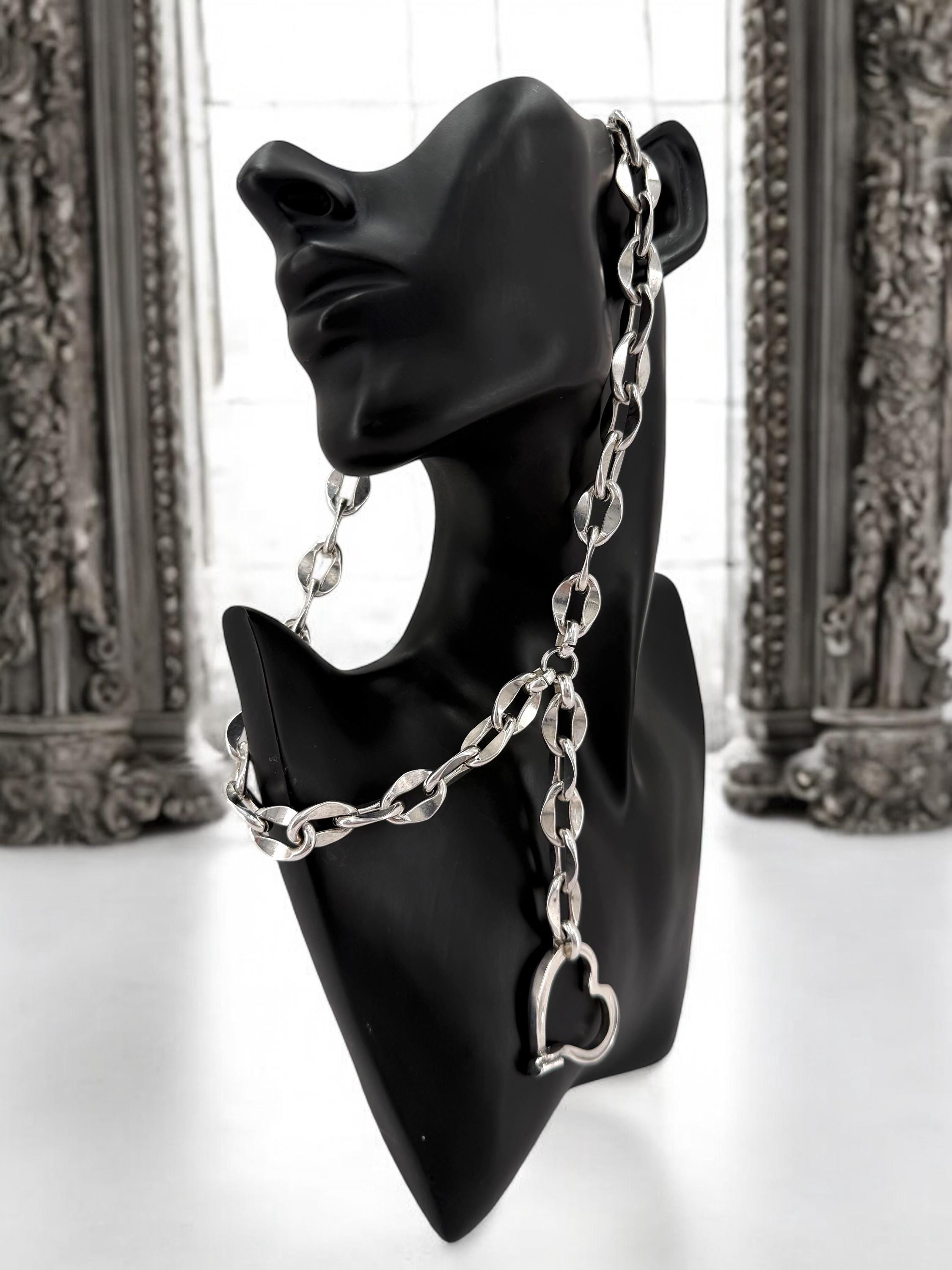Chunky chain lariat big heart pendant necklace, Y silver bold chain necklace, bulky lariat necklace, uno de 50 style, statement pendant