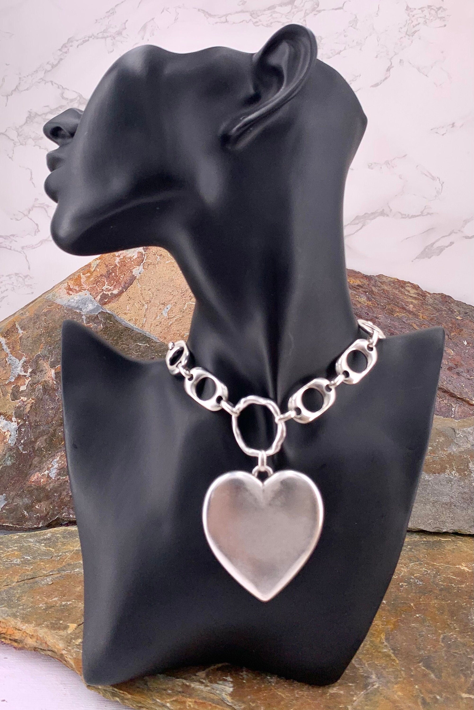 Heart pendant chunky silver chain choker, swarovski heart choker, bold chain choker, statement silver choker, chunky link chain choker,