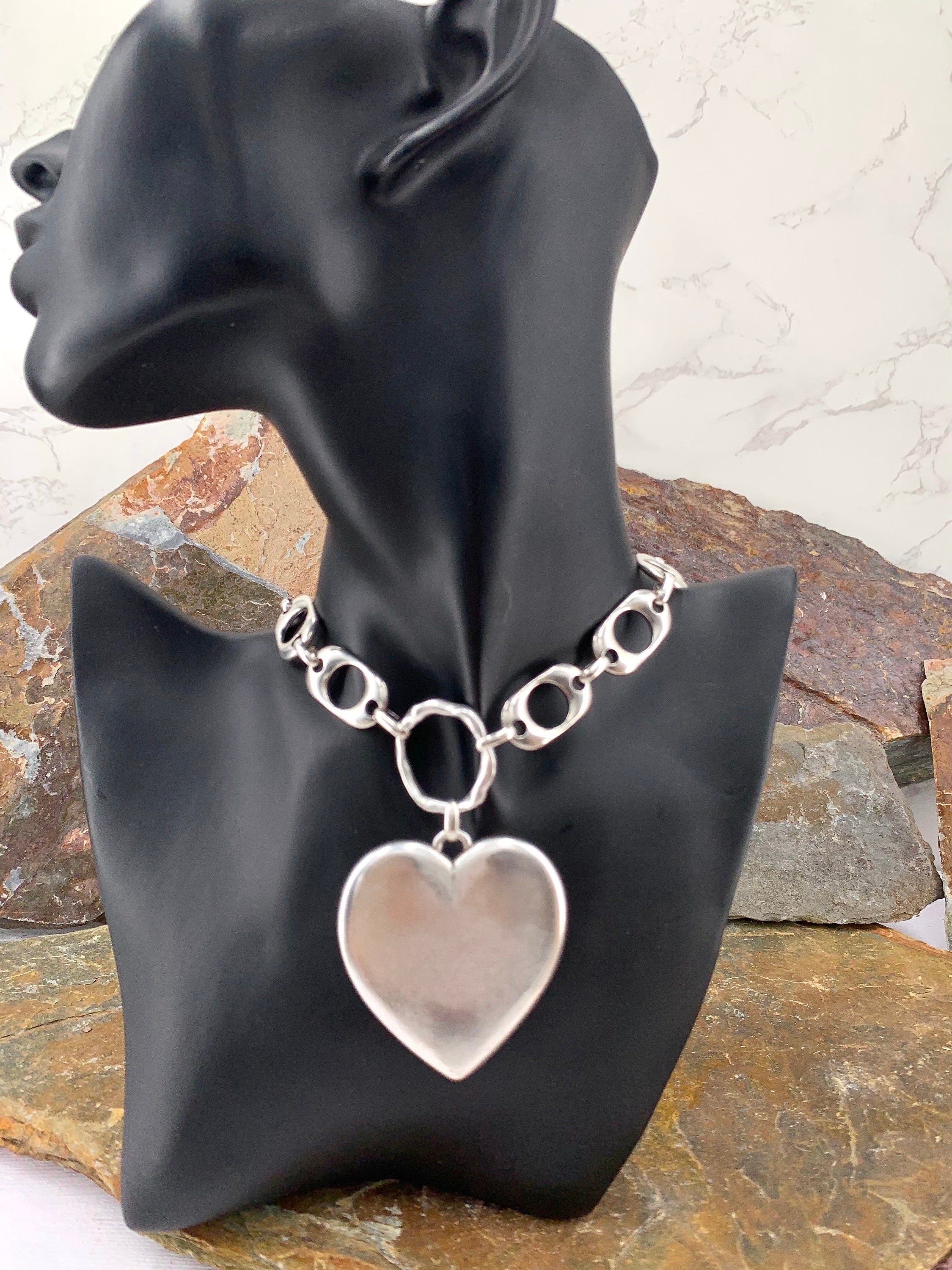 Heart pendant chunky silver chain choker, swarovski heart choker, bold chain choker, statement silver choker, chunky link chain choker,