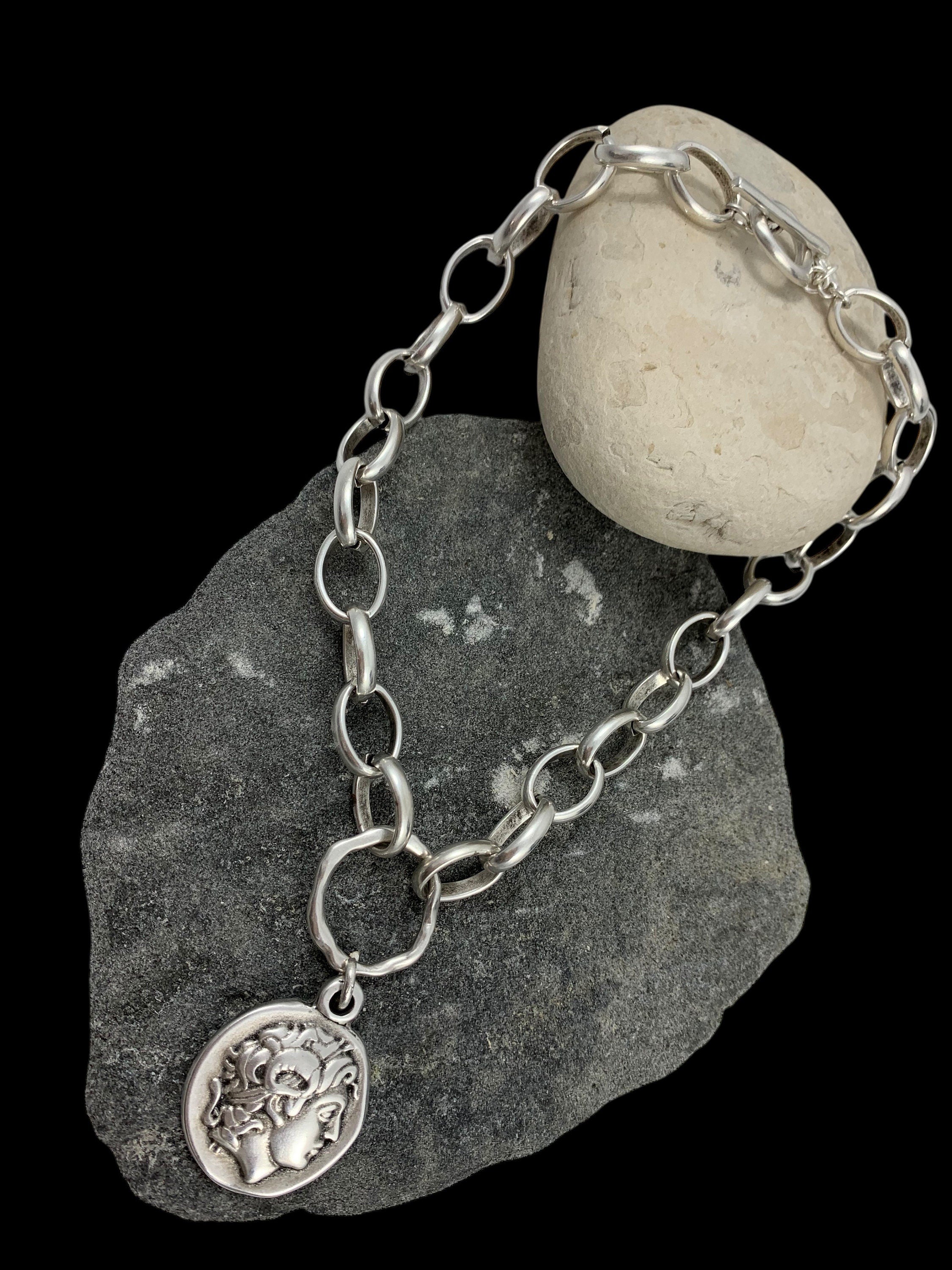Silver chain chunky necklace with statement big Greek coin pendant, bold silver big link chain necklace, spectacular women gift