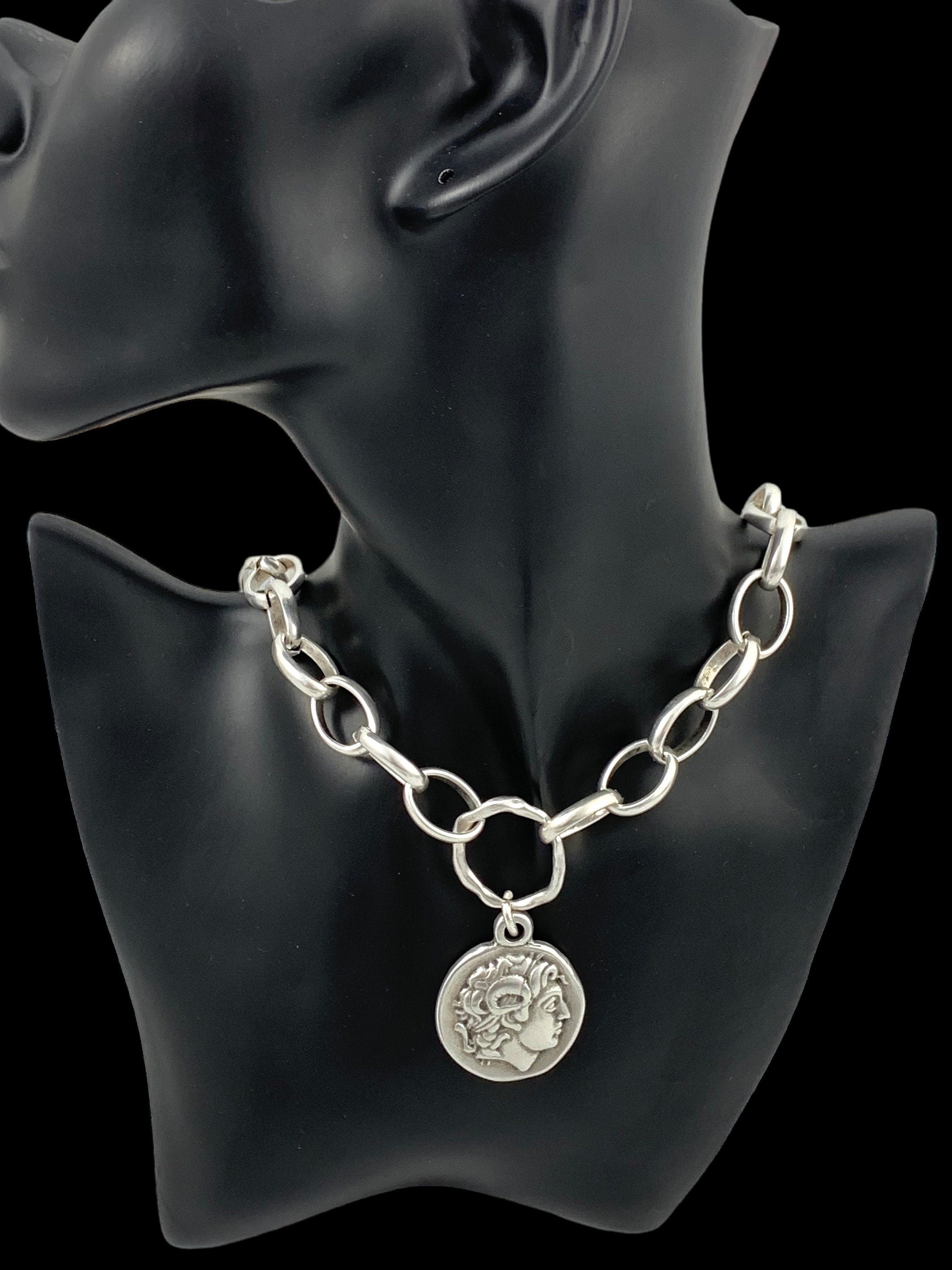 Silver chain chunky necklace with statement big Greek coin pendant, bold silver big link chain necklace, spectacular women gift