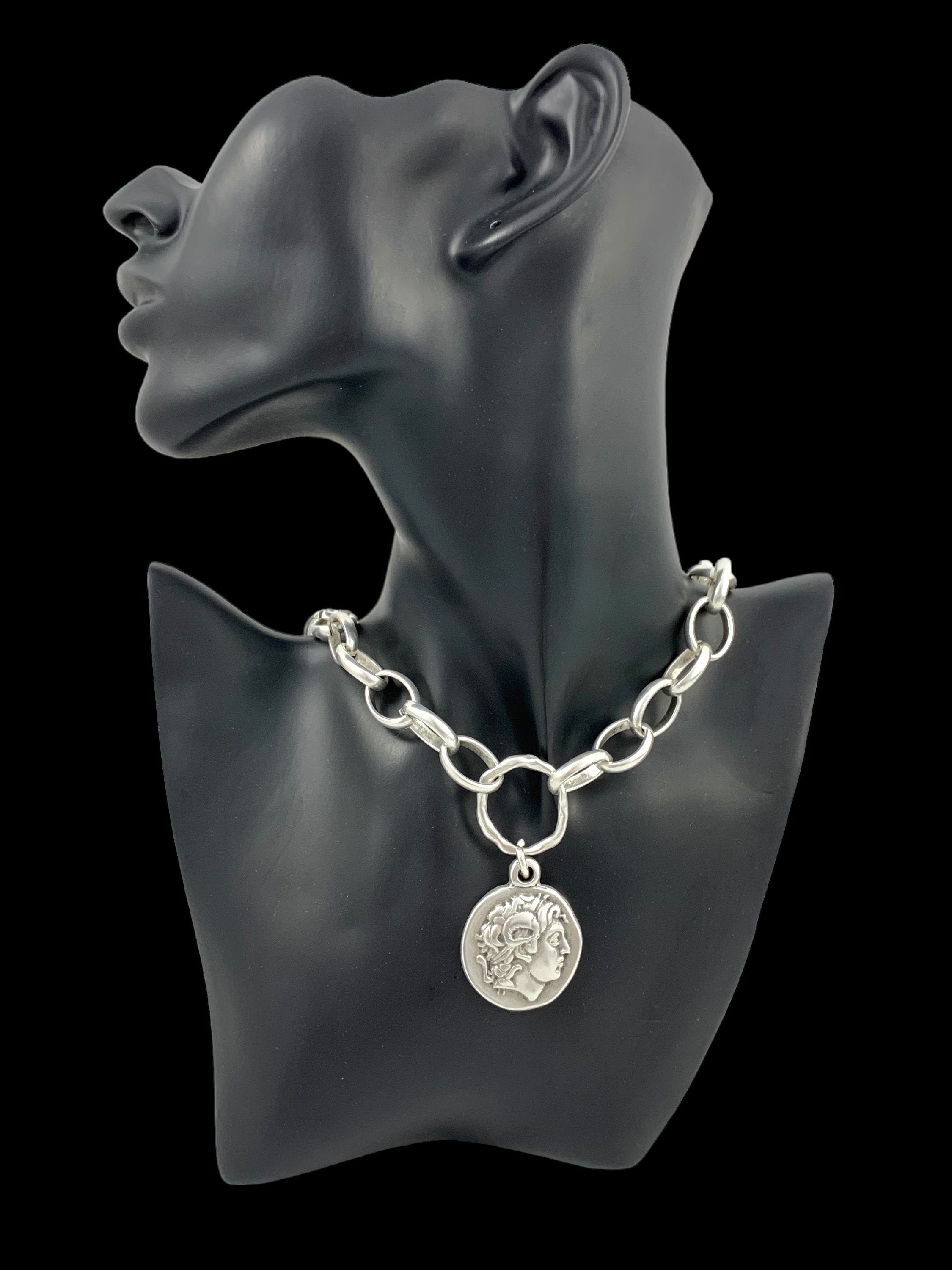 Silver chain chunky necklace with statement big Greek coin pendant, bold silver big link chain necklace, spectacular women gift