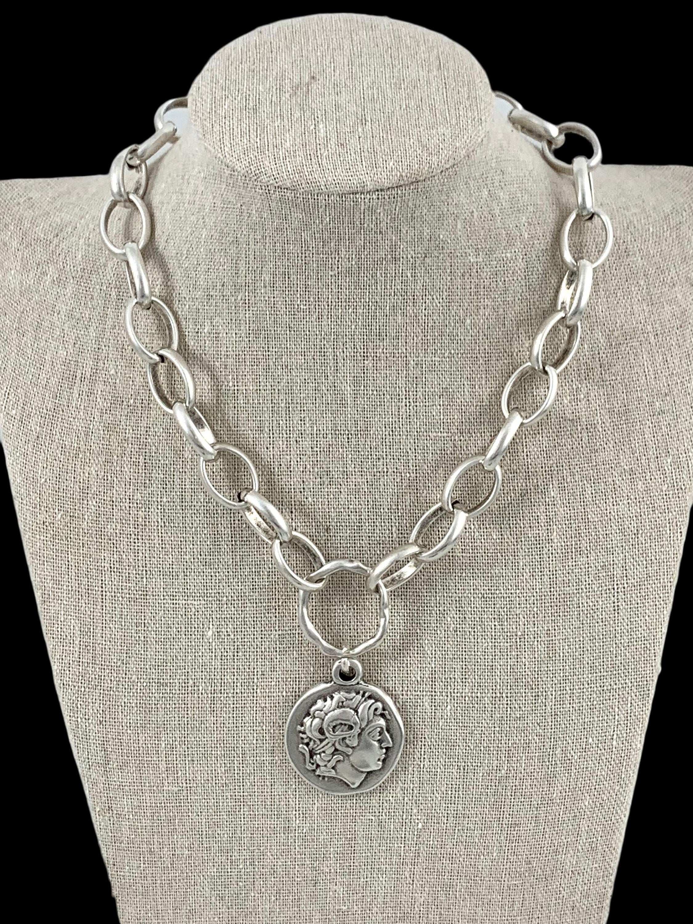 Silver chain chunky necklace with statement big Greek coin pendant, bold silver big link chain necklace, spectacular women gift