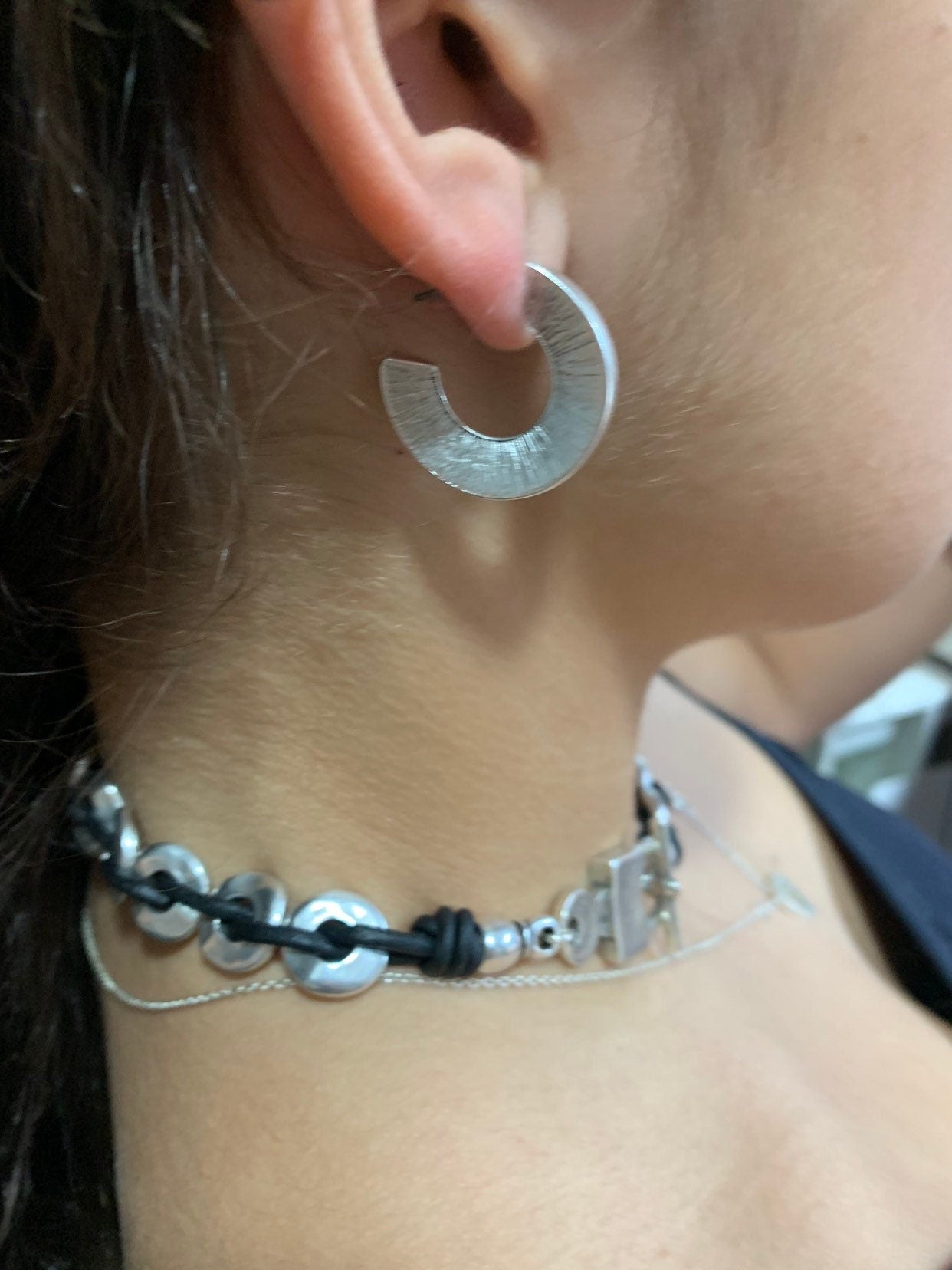 Brushed Silver Hoop Earrings, Modern Sunburst C-Hoops, Sculptural Geometric Earrings ,Minimalist Jewelry