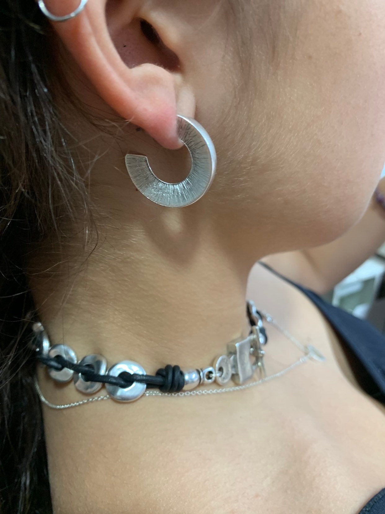 Brushed Silver Hoop Earrings, Modern Sunburst C-Hoops, Sculptural Geometric Earrings ,Minimalist Jewelry