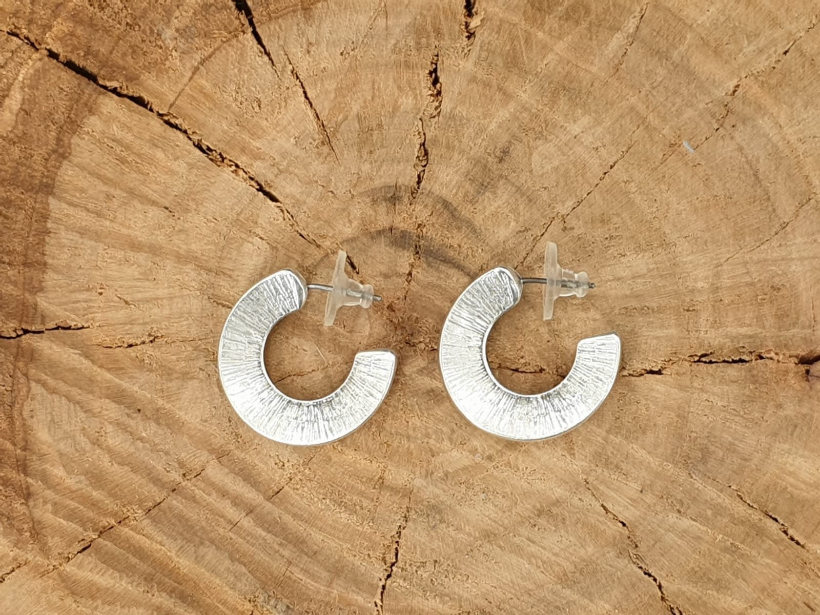 Brushed Silver Hoop Earrings, Modern Sunburst C-Hoops, Sculptural Geometric Earrings ,Minimalist Jewelry