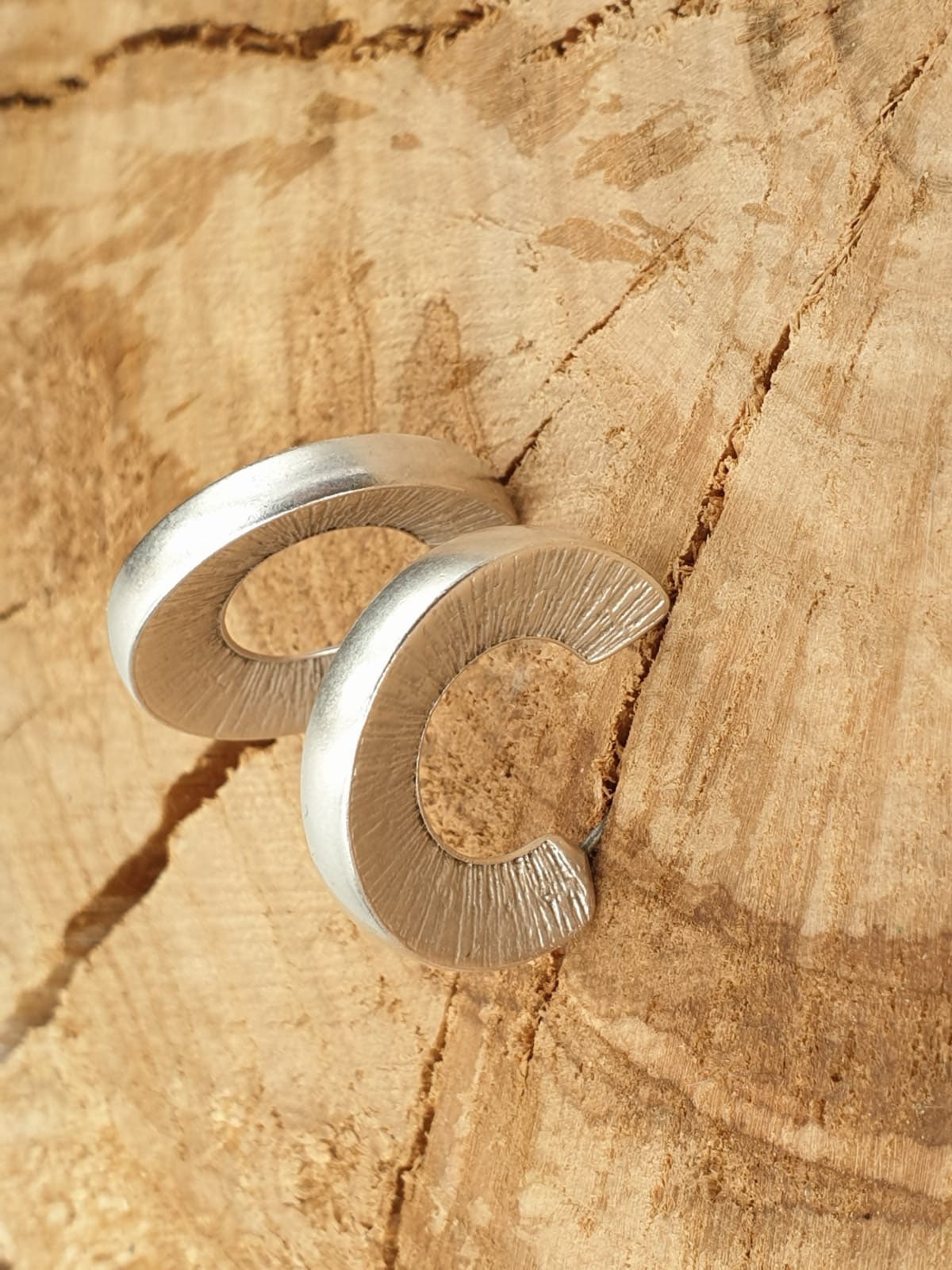 Brushed Silver Hoop Earrings, Modern Sunburst C-Hoops, Sculptural Geometric Earrings ,Minimalist Jewelry