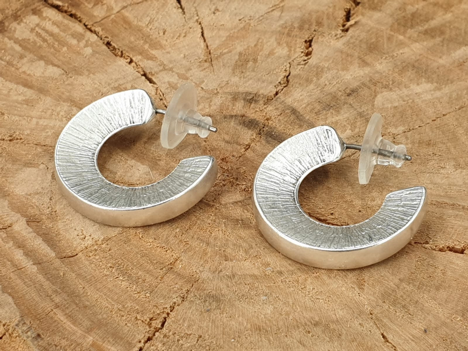 Brushed Silver Hoop Earrings, Modern Sunburst C-Hoops, Sculptural Geometric Earrings ,Minimalist Jewelry