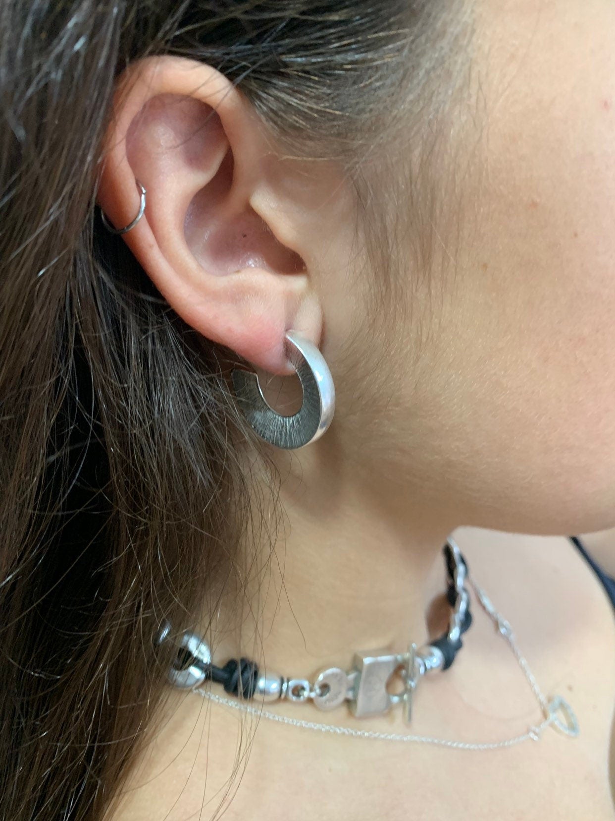 Brushed Silver Hoop Earrings, Modern Sunburst C-Hoops, Sculptural Geometric Earrings ,Minimalist Jewelry