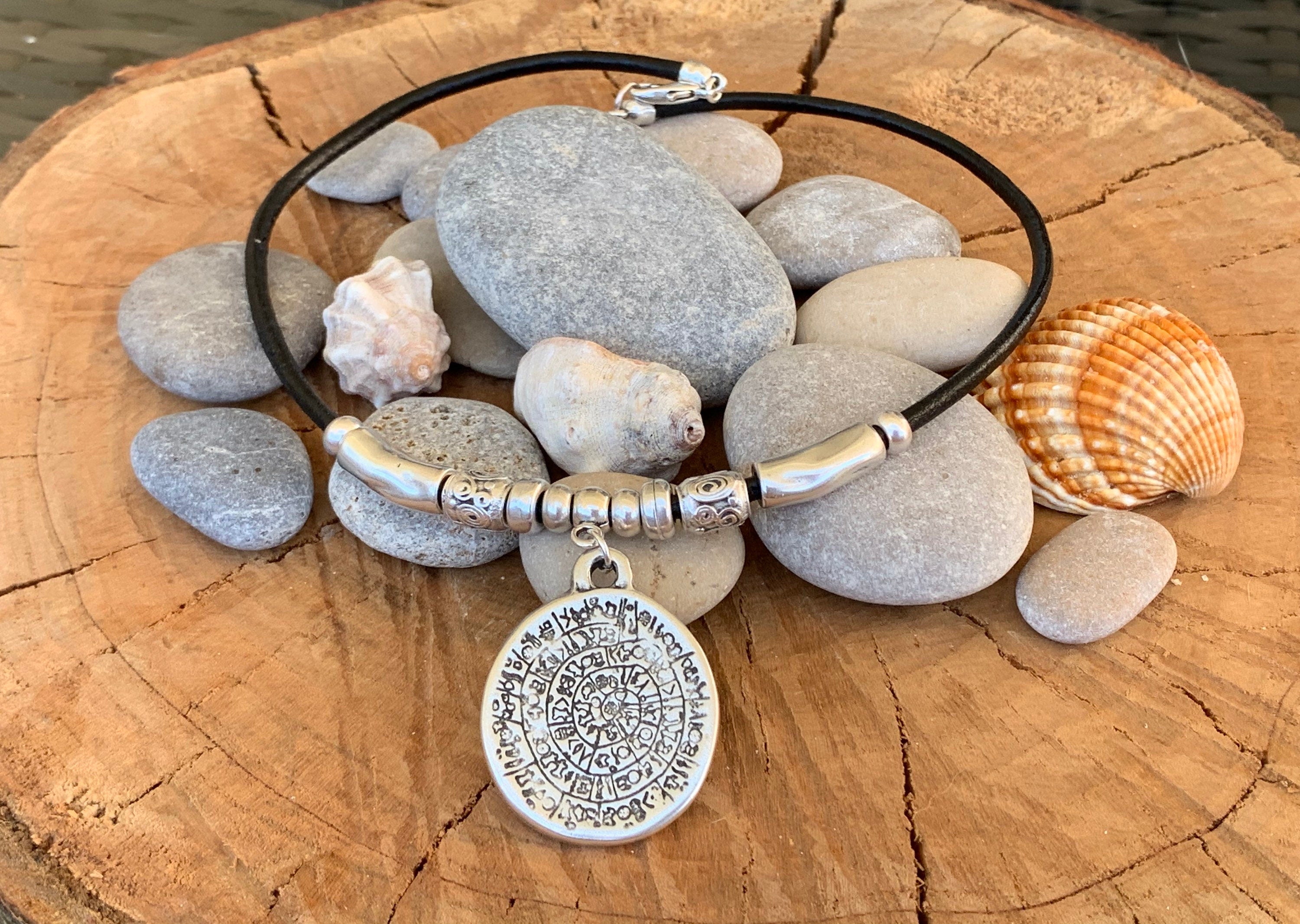 Men and women leather necklace with statement tribal pendant, big antique silver coin pendant necklace, unisex leather and silver choker