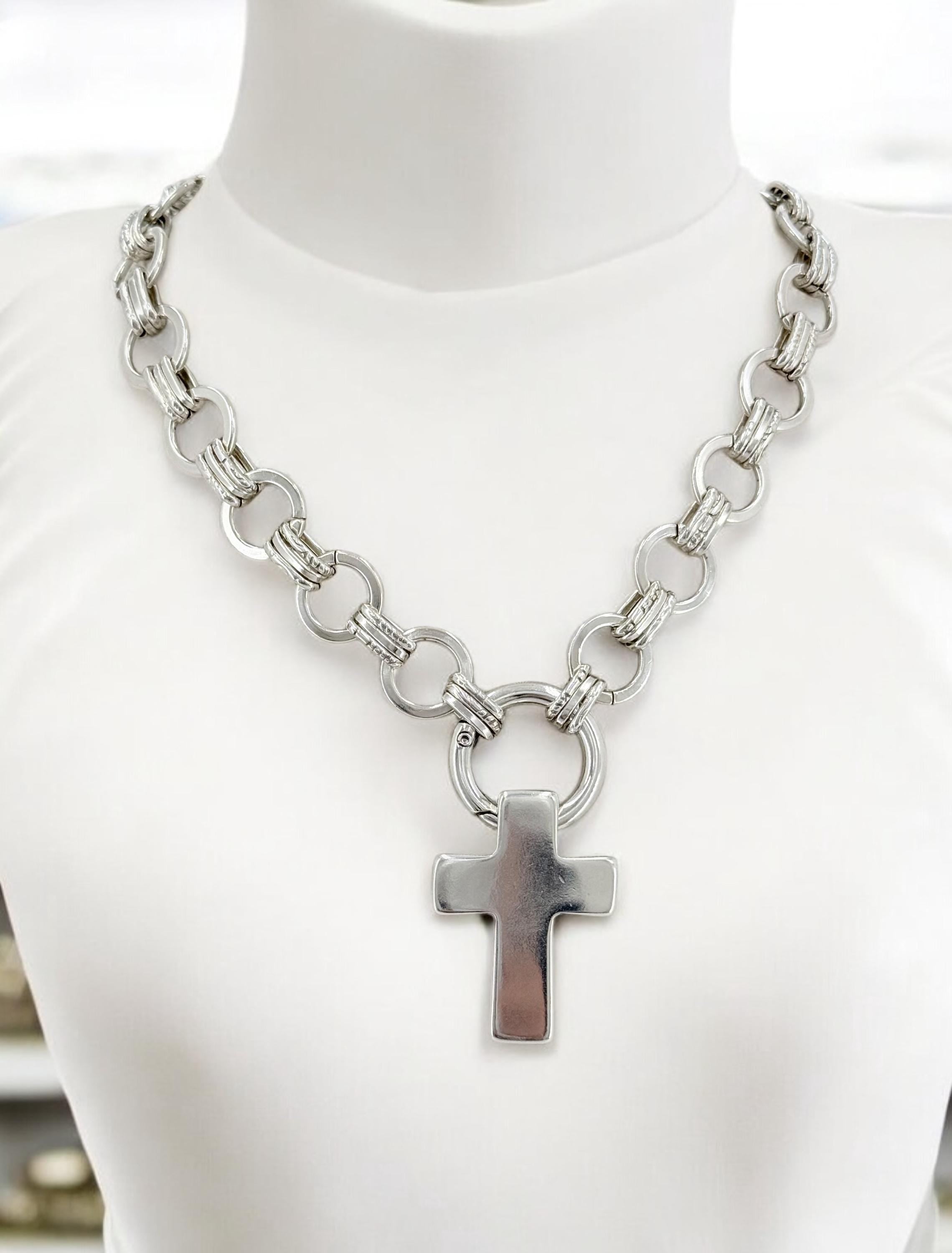 Silver chunky chain necklace with cross pendant, statement cross necklace, bold cross necklace, uno de 50 style, women’s gift, large chain