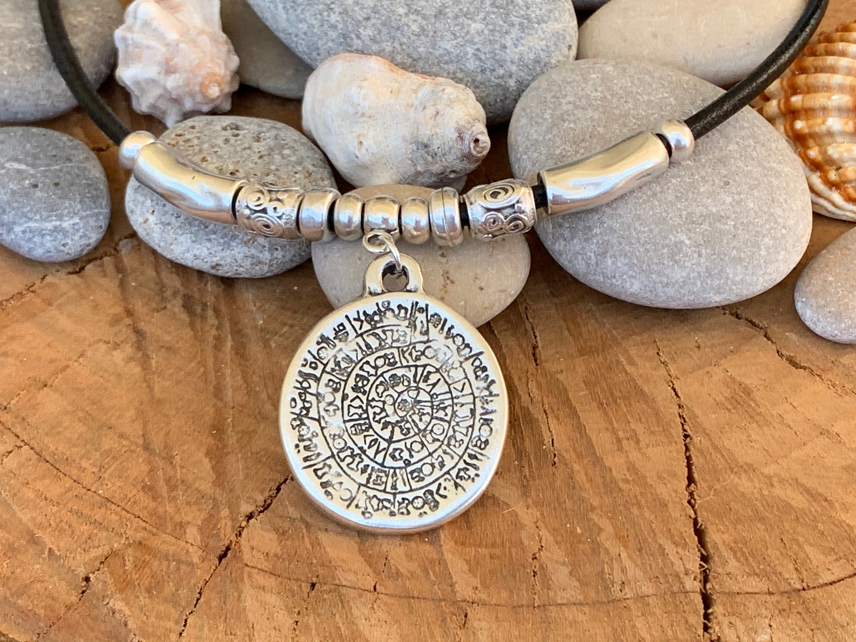 Men and women leather necklace with statement tribal pendant, big antique silver coin pendant necklace, unisex leather and silver choker