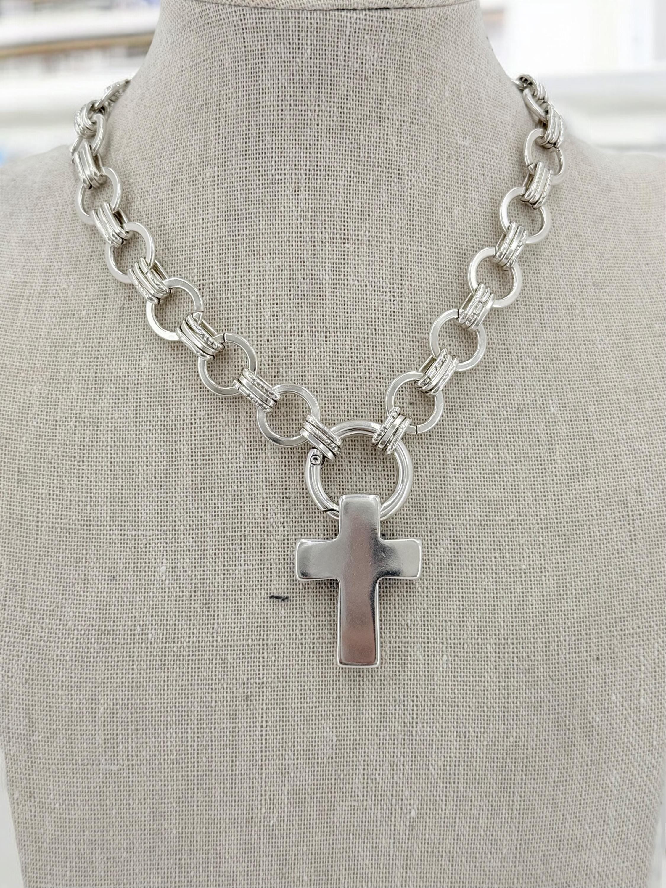 Silver chunky chain necklace with cross pendant, statement cross necklace, bold cross necklace, uno de 50 style, women’s gift, large chain