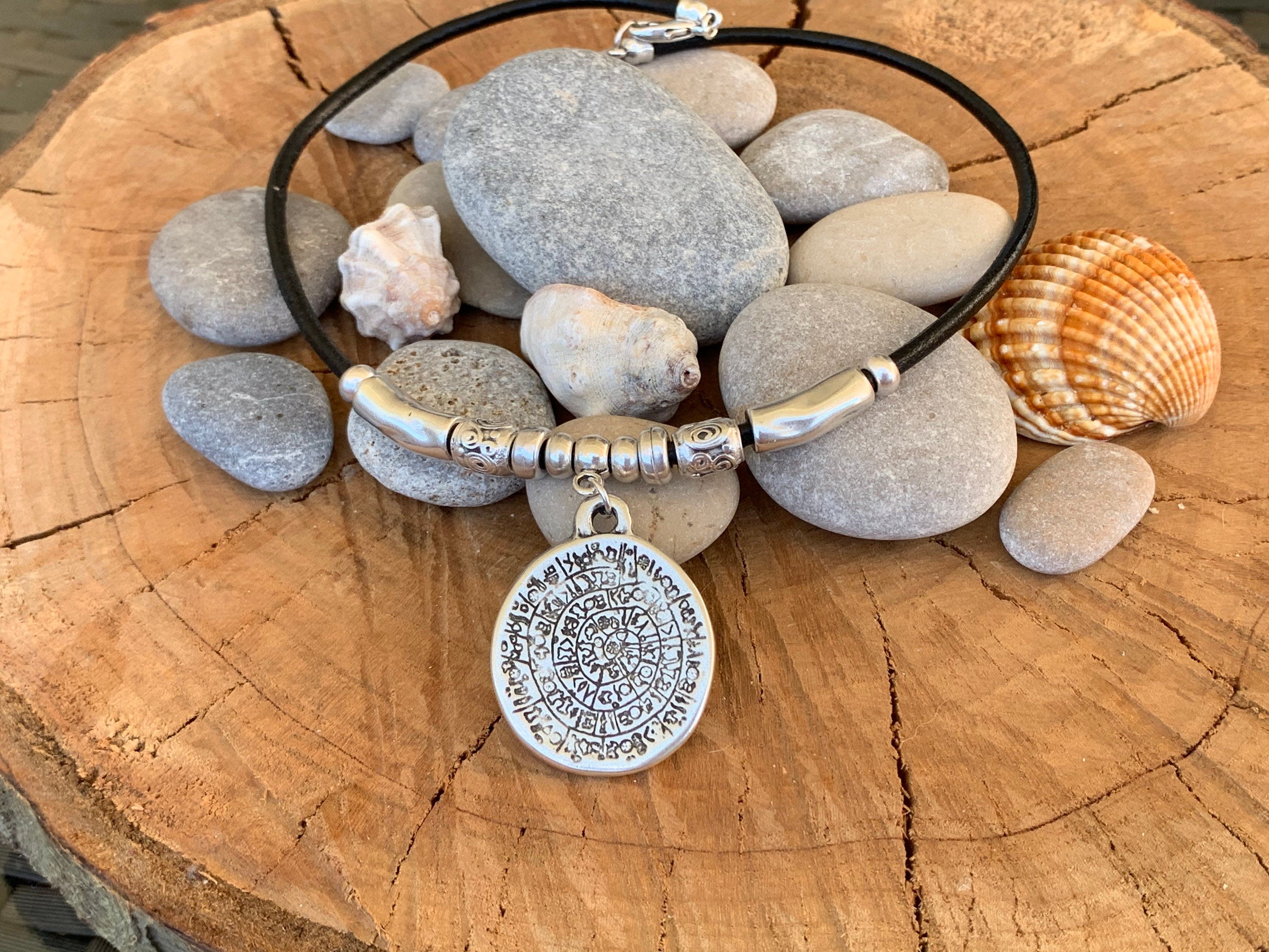 Men and women leather necklace with statement tribal pendant, big antique silver coin pendant necklace, unisex leather and silver choker