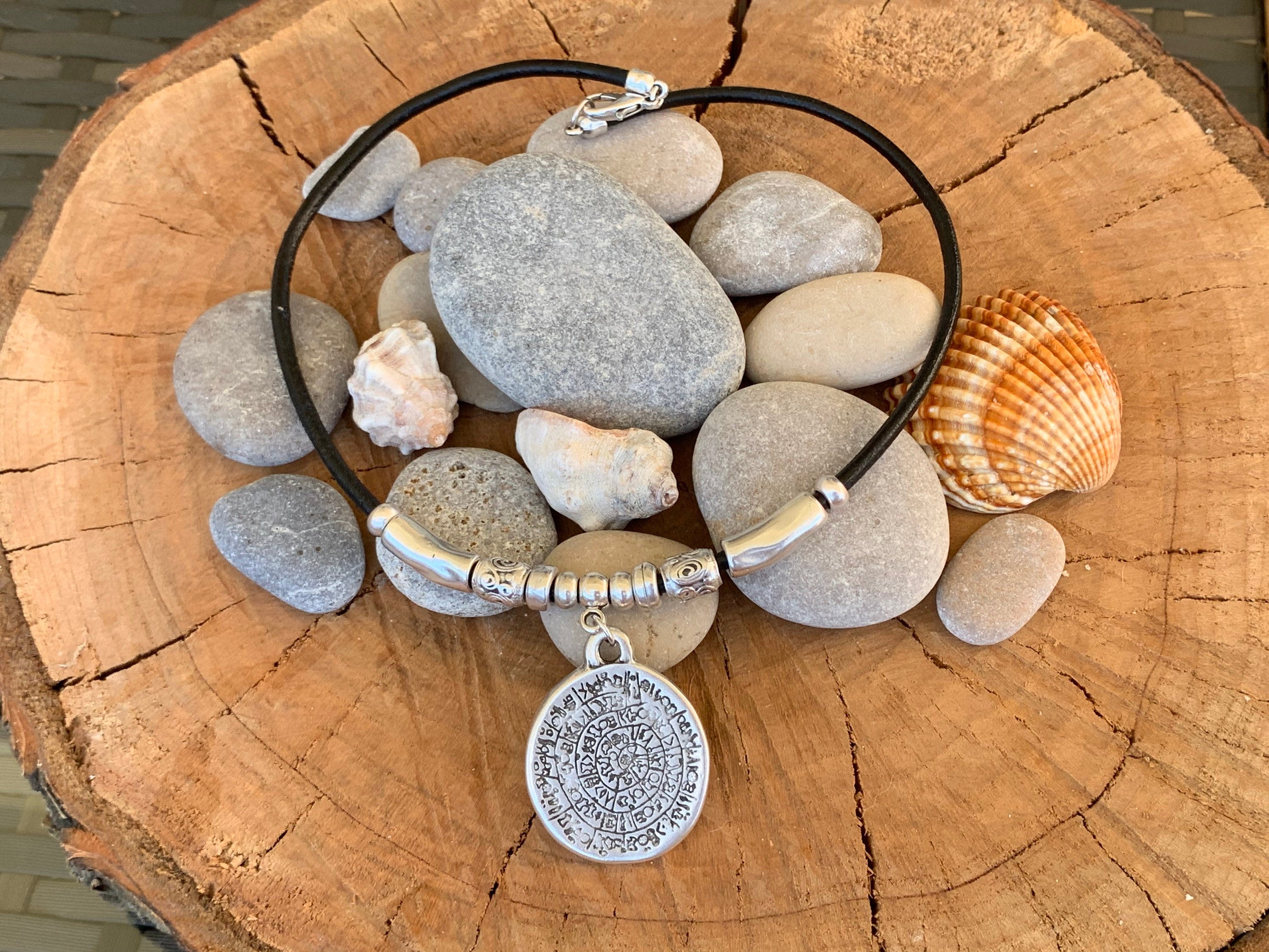 Men and women leather necklace with statement tribal pendant, big antique silver coin pendant necklace, unisex leather and silver choker