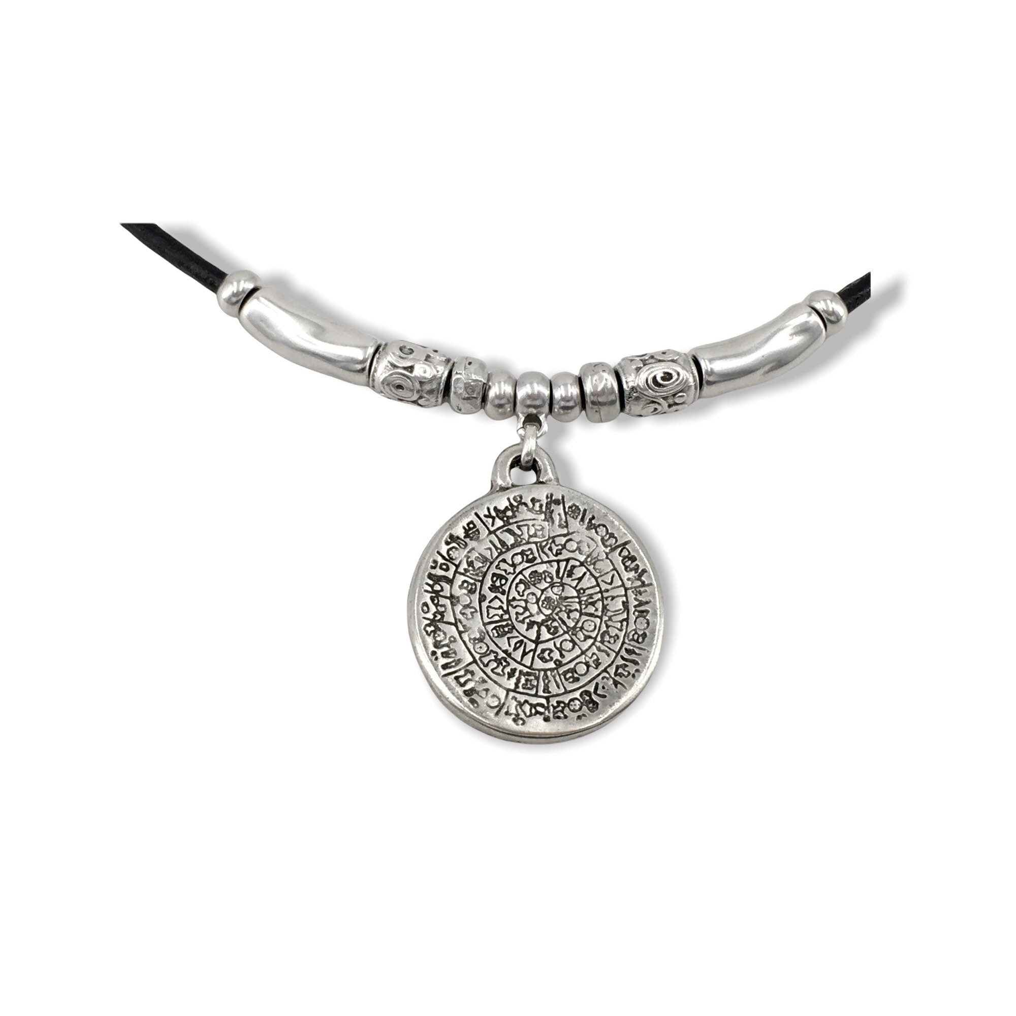 Men and women leather necklace with statement tribal pendant, big antique silver coin pendant necklace, unisex leather and silver choker