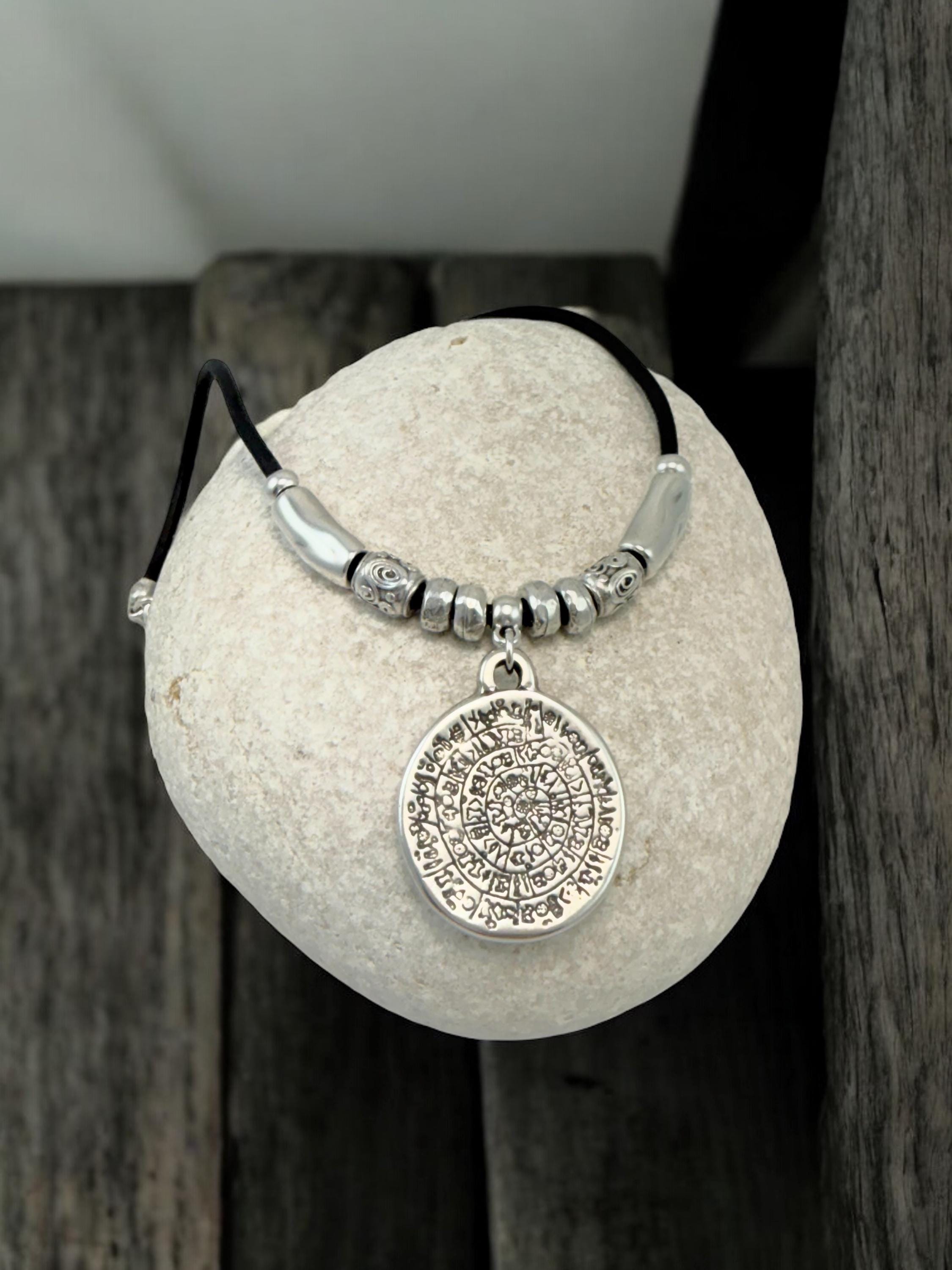 Men and women leather necklace with statement tribal pendant, big antique silver coin pendant necklace, unisex leather and silver choker