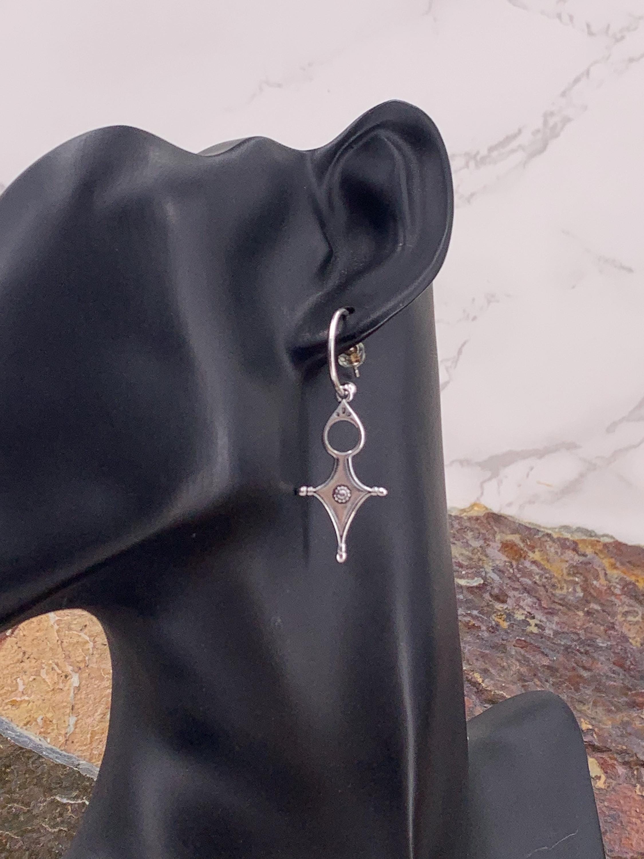 Large Silver plated Hoop Earrings with Geometric Cross Pendant • Boho Tribal Statement Hoops