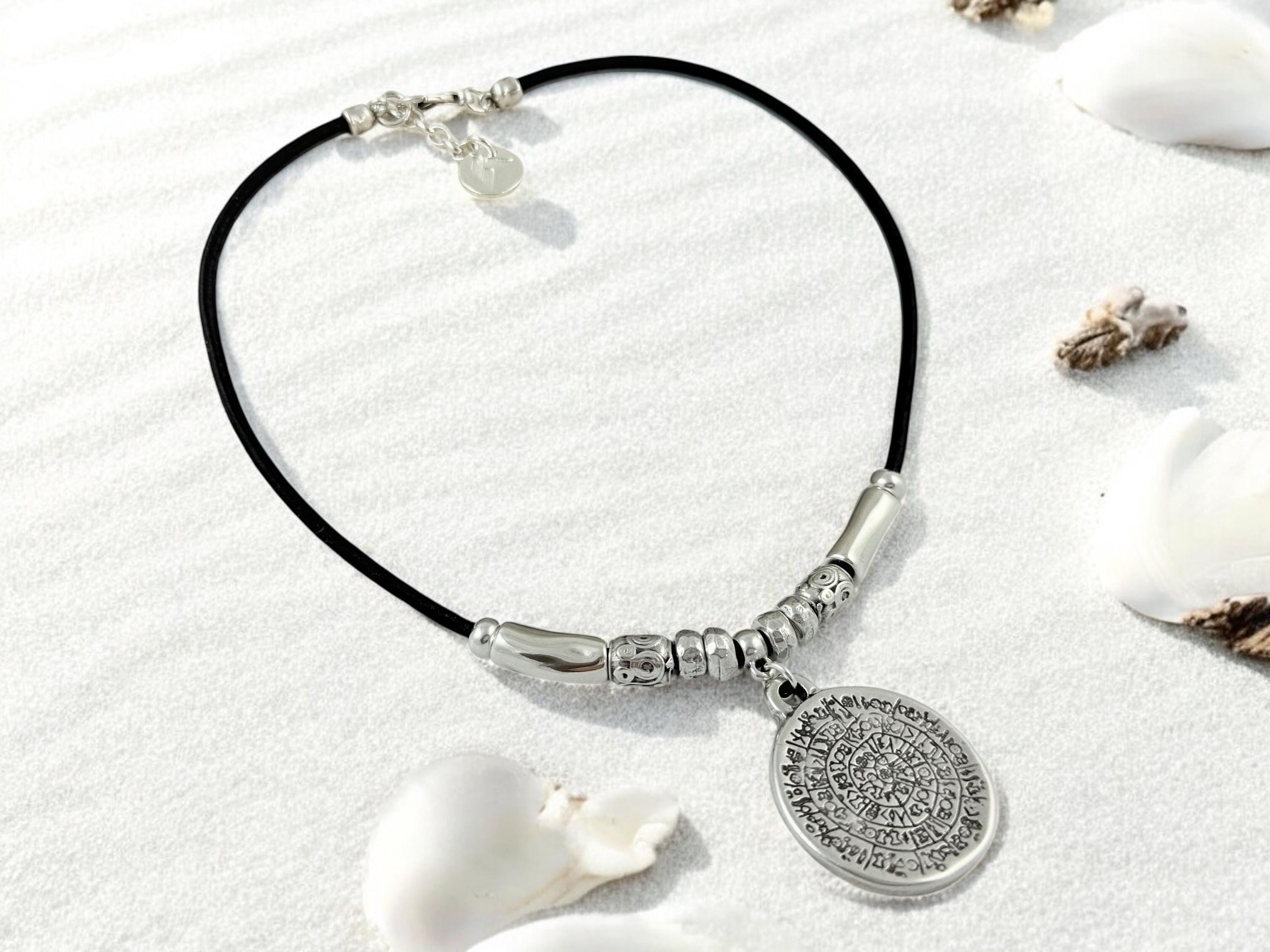 Men and women leather necklace with statement tribal pendant, big antique silver coin pendant necklace, unisex leather and silver choker