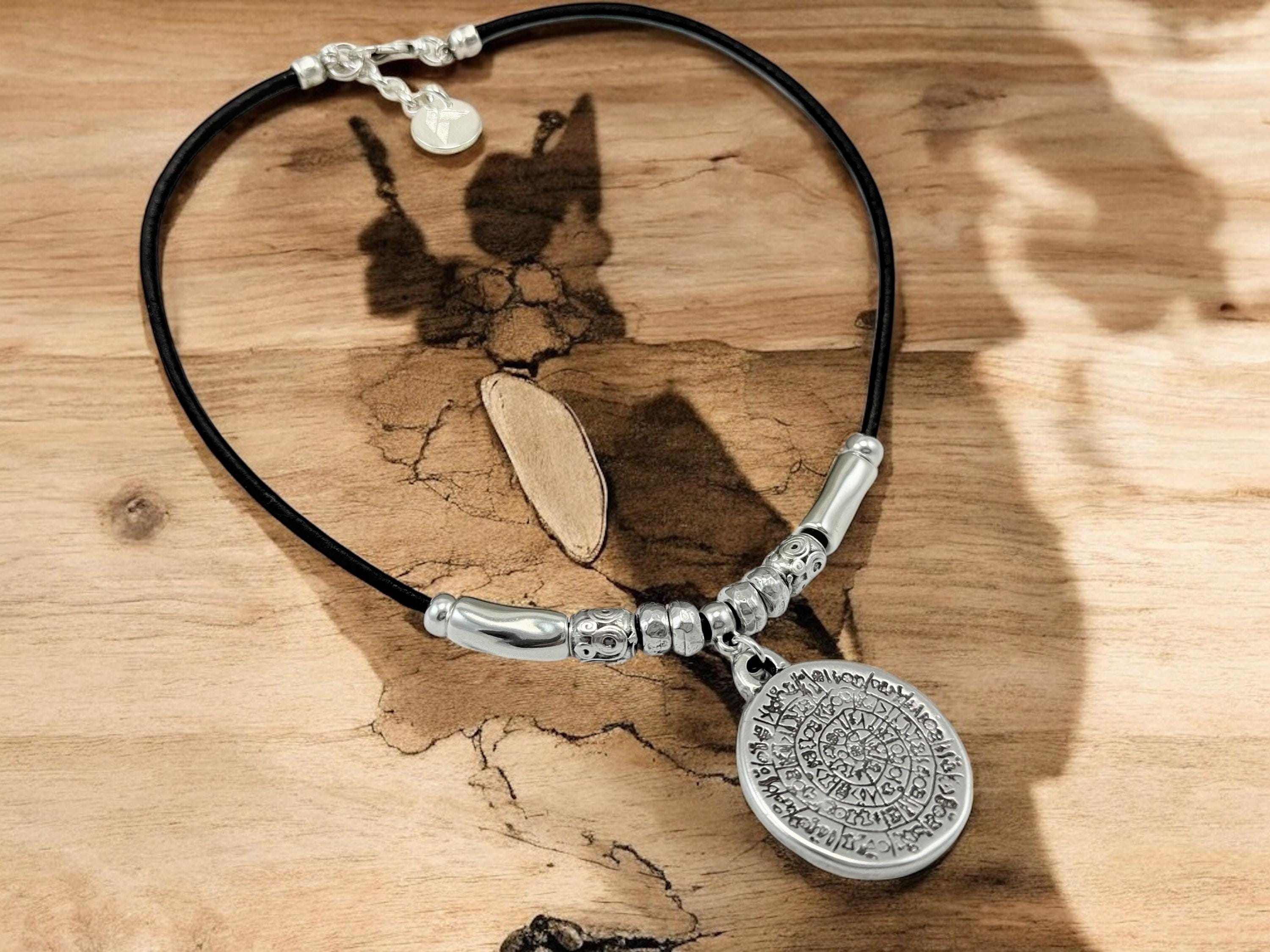 Men and women leather necklace with statement tribal pendant, big antique silver coin pendant necklace, unisex leather and silver choker