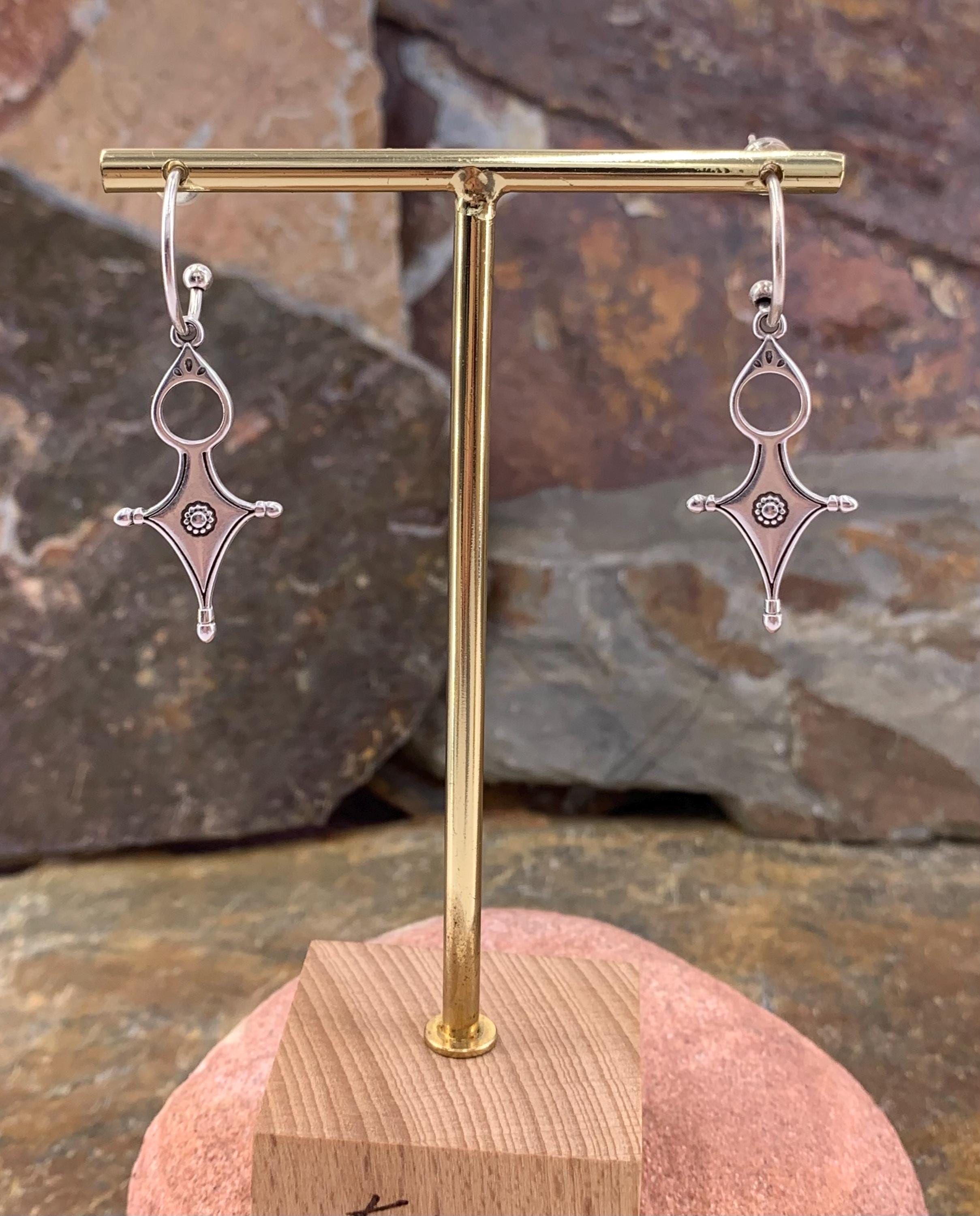 Large Silver plated Hoop Earrings with Geometric Cross Pendant • Boho Tribal Statement Hoops