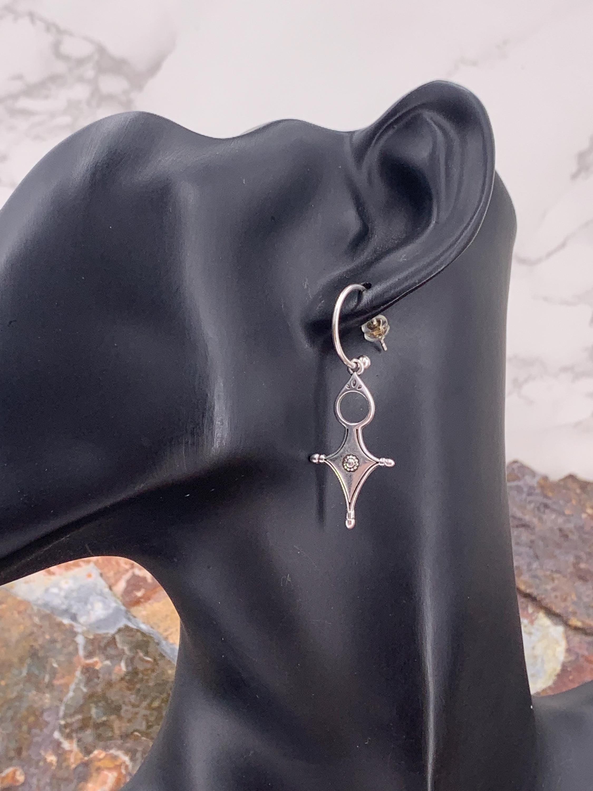 Large Silver plated Hoop Earrings with Geometric Cross Pendant • Boho Tribal Statement Hoops