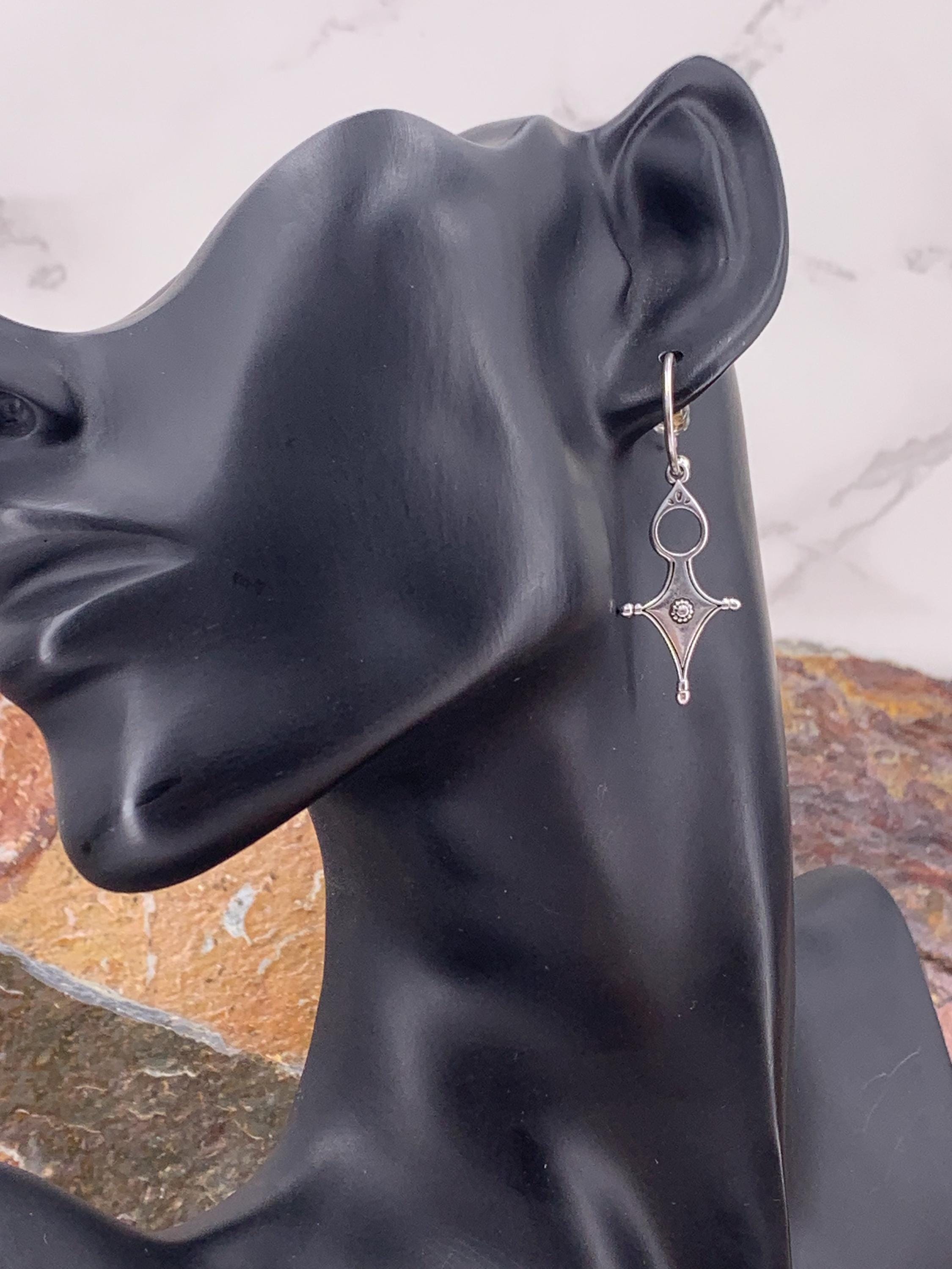 Large Silver plated Hoop Earrings with Geometric Cross Pendant • Boho Tribal Statement Hoops