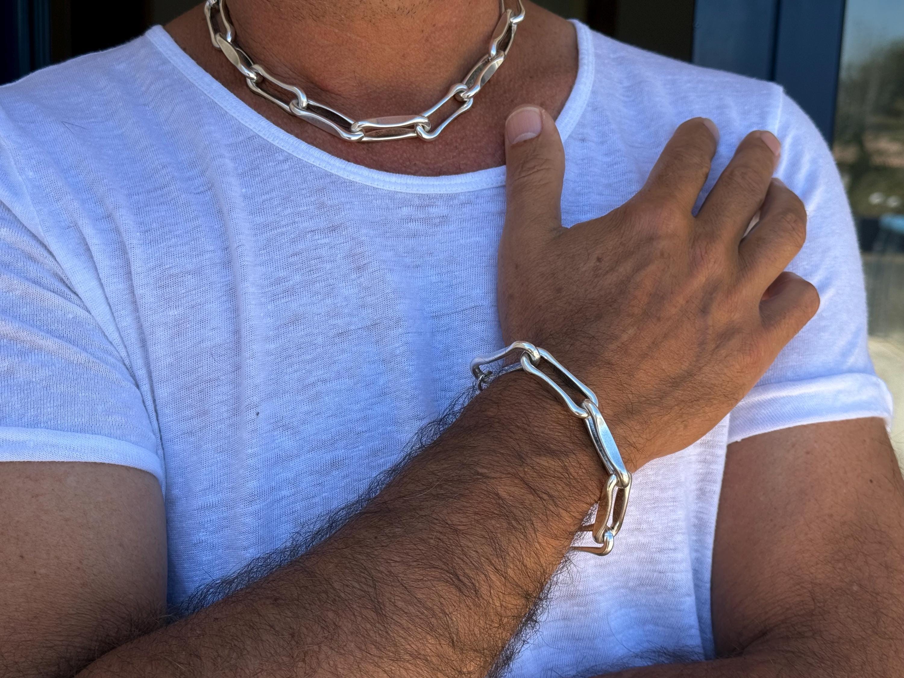 Chunky Silver Chain Bracelet for Men – Lightweight Aluminum - antique silver finished – Bold Adjustable Design – Handmade Jewelry – 7.8 in