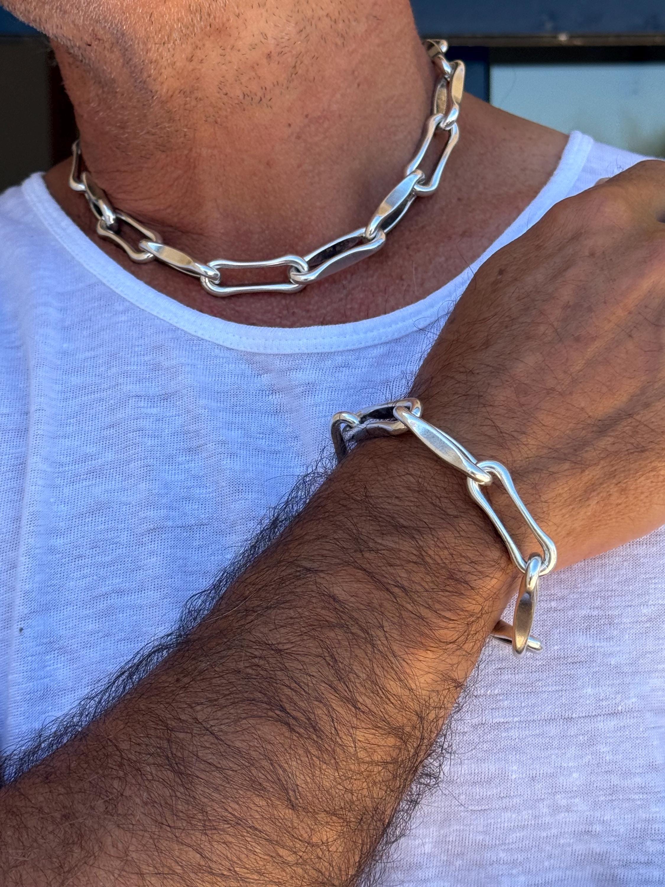 Chunky Silver Chain Bracelet for Men – Lightweight Aluminum - antique silver finished – Bold Adjustable Design – Handmade Jewelry – 7.8 in