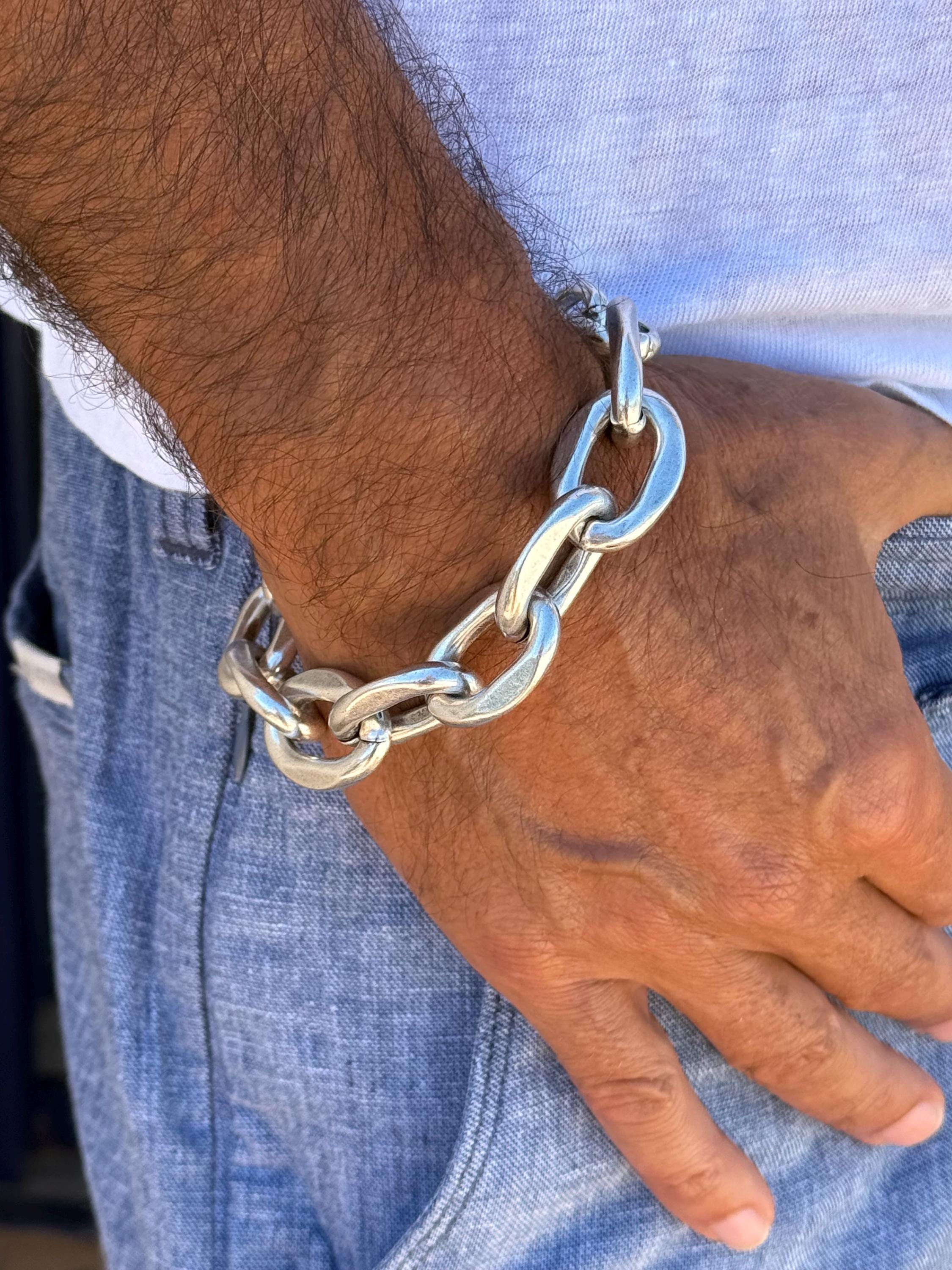 Masculine Silver Chunky Chain Bracelet – Lightweight Aluminum – Bold Adjustable Men’s Jewelry – 7.8 in