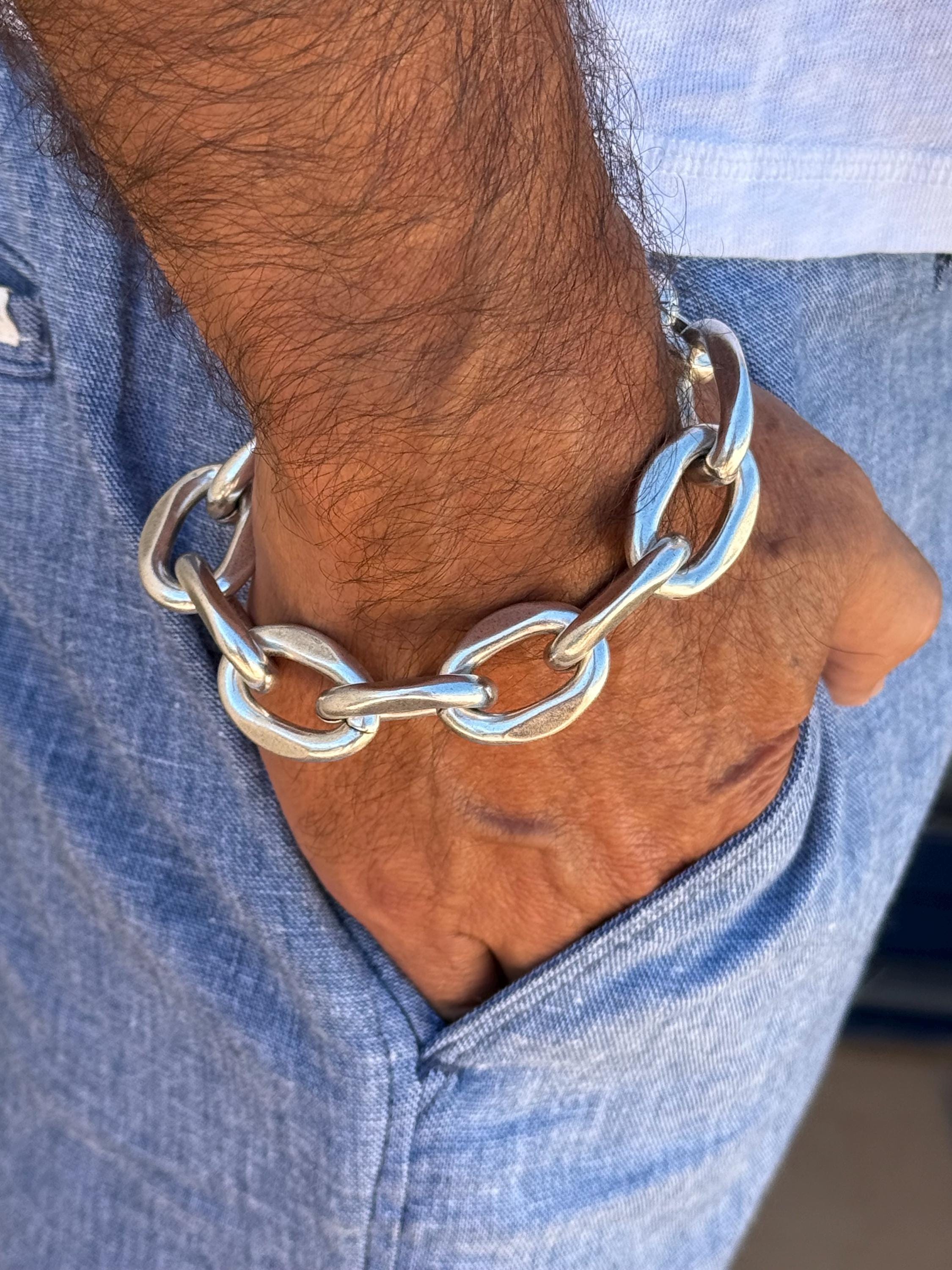 Masculine Silver Chunky Chain Bracelet – Lightweight Aluminum – Bold Adjustable Men’s Jewelry – 7.8 in