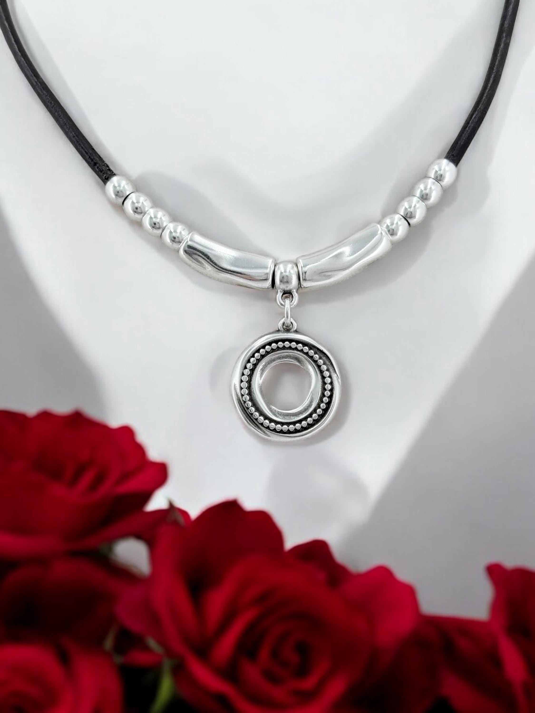 Leather necklace with silver beads and circle engraved pendant, gift for her, uno de 50 style, silver pendant leather choker, leather choker