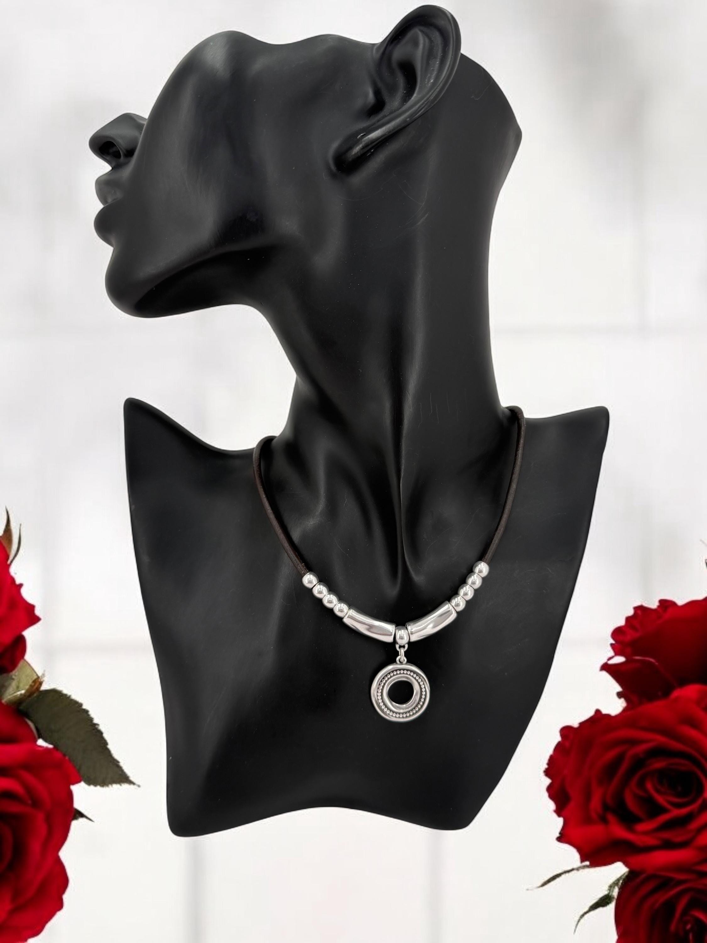 Leather necklace with silver beads and circle engraved pendant, gift for her, uno de 50 style, silver pendant leather choker, leather choker