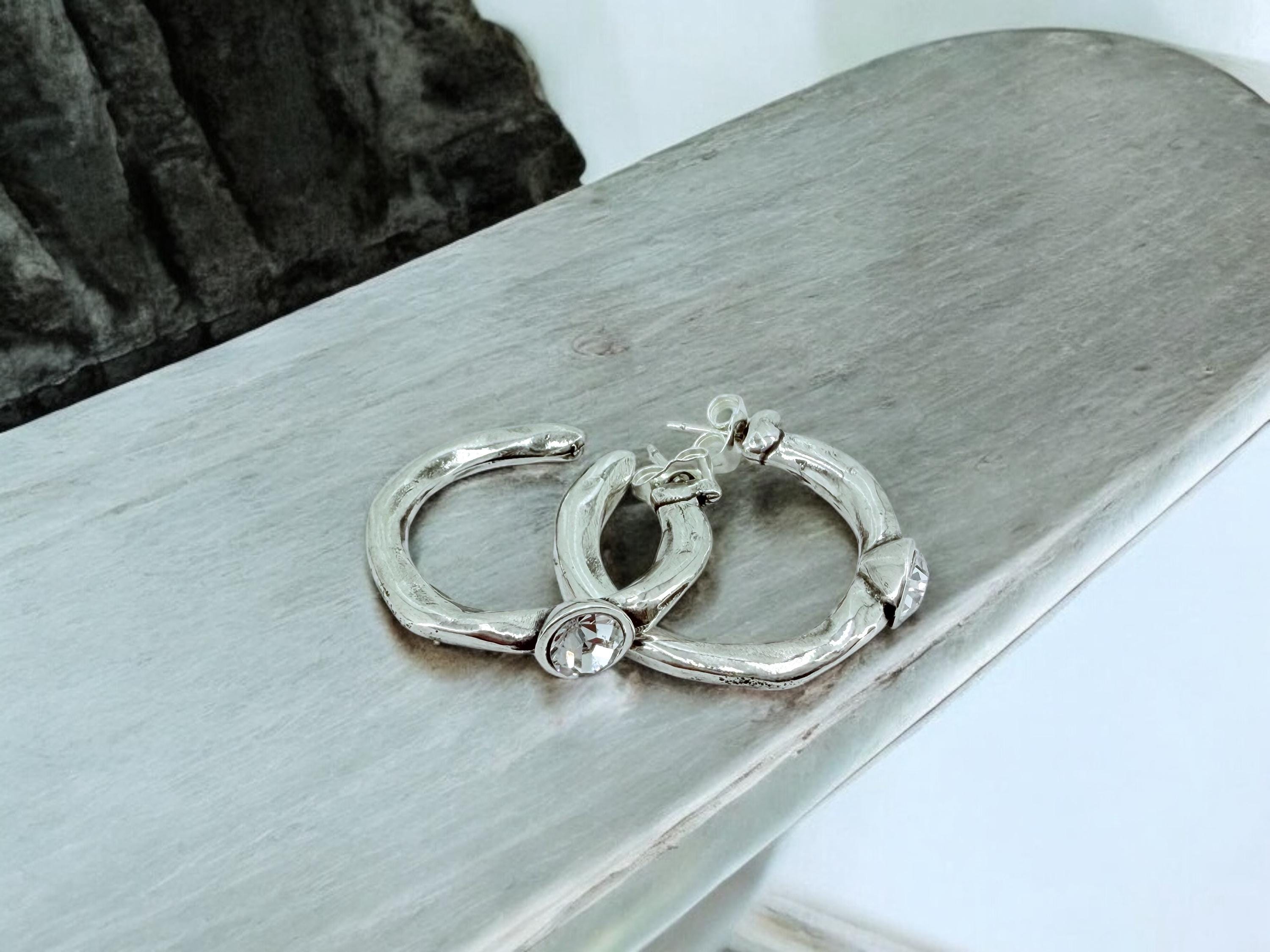 Big chunky silver hoops earrings with Swarovski crystal, bold silver hoop earrings, statement hoops, bulky hoops, large hoops earrings