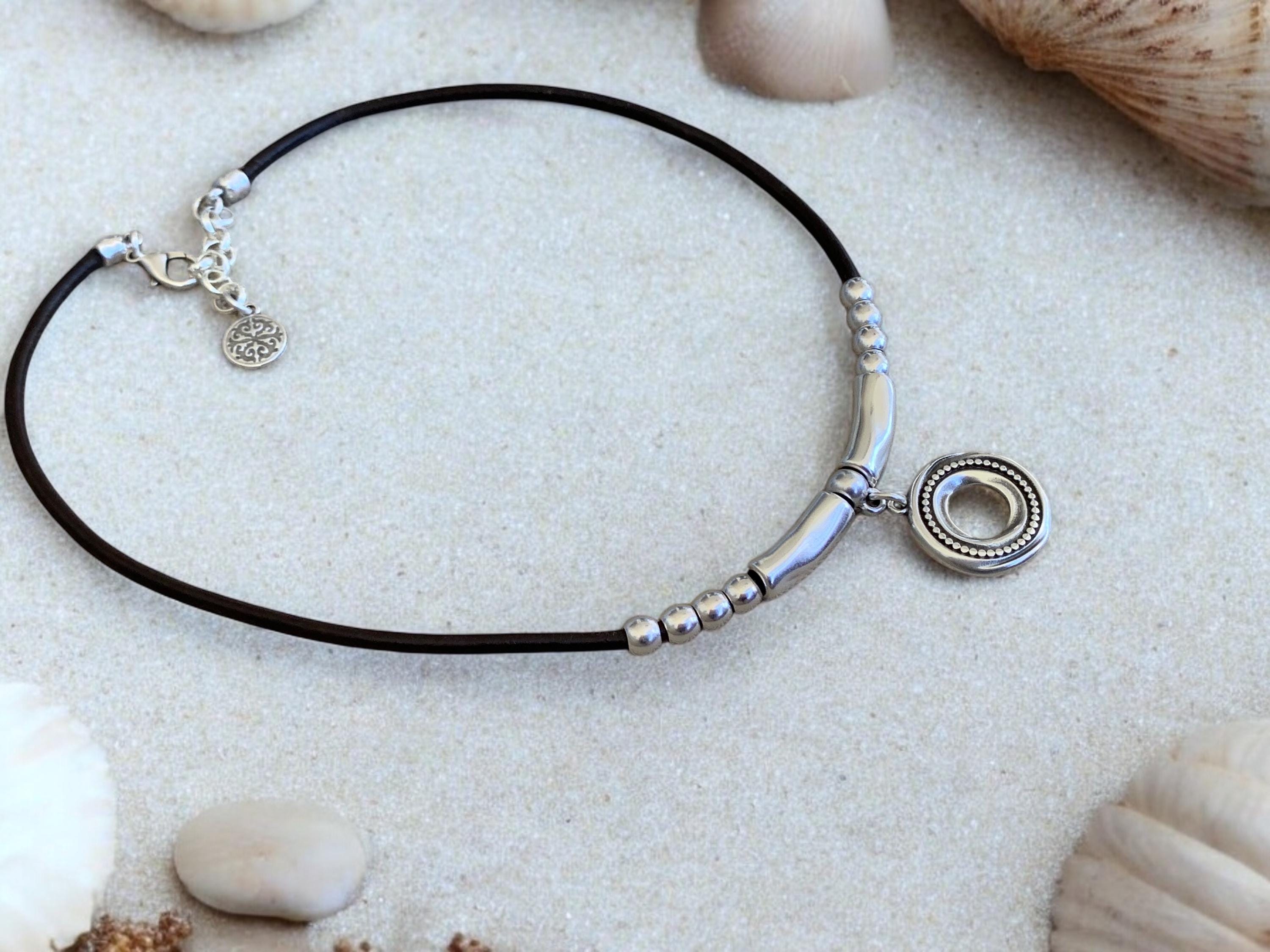 Leather necklace with silver beads and circle engraved pendant, gift for her, uno de 50 style, silver pendant leather choker, leather choker