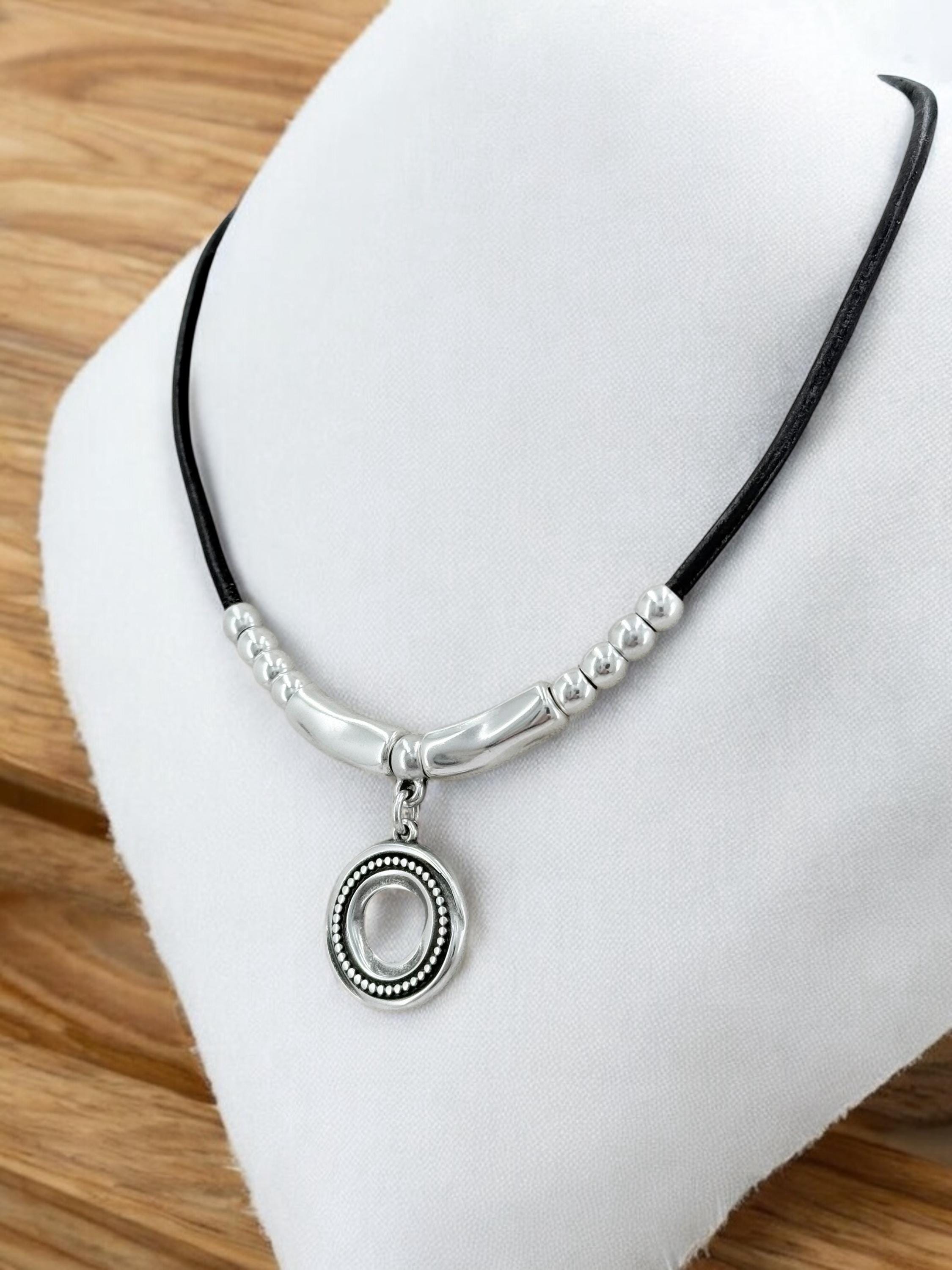 Leather necklace with silver beads and circle engraved pendant, gift for her, uno de 50 style, silver pendant leather choker, leather choker