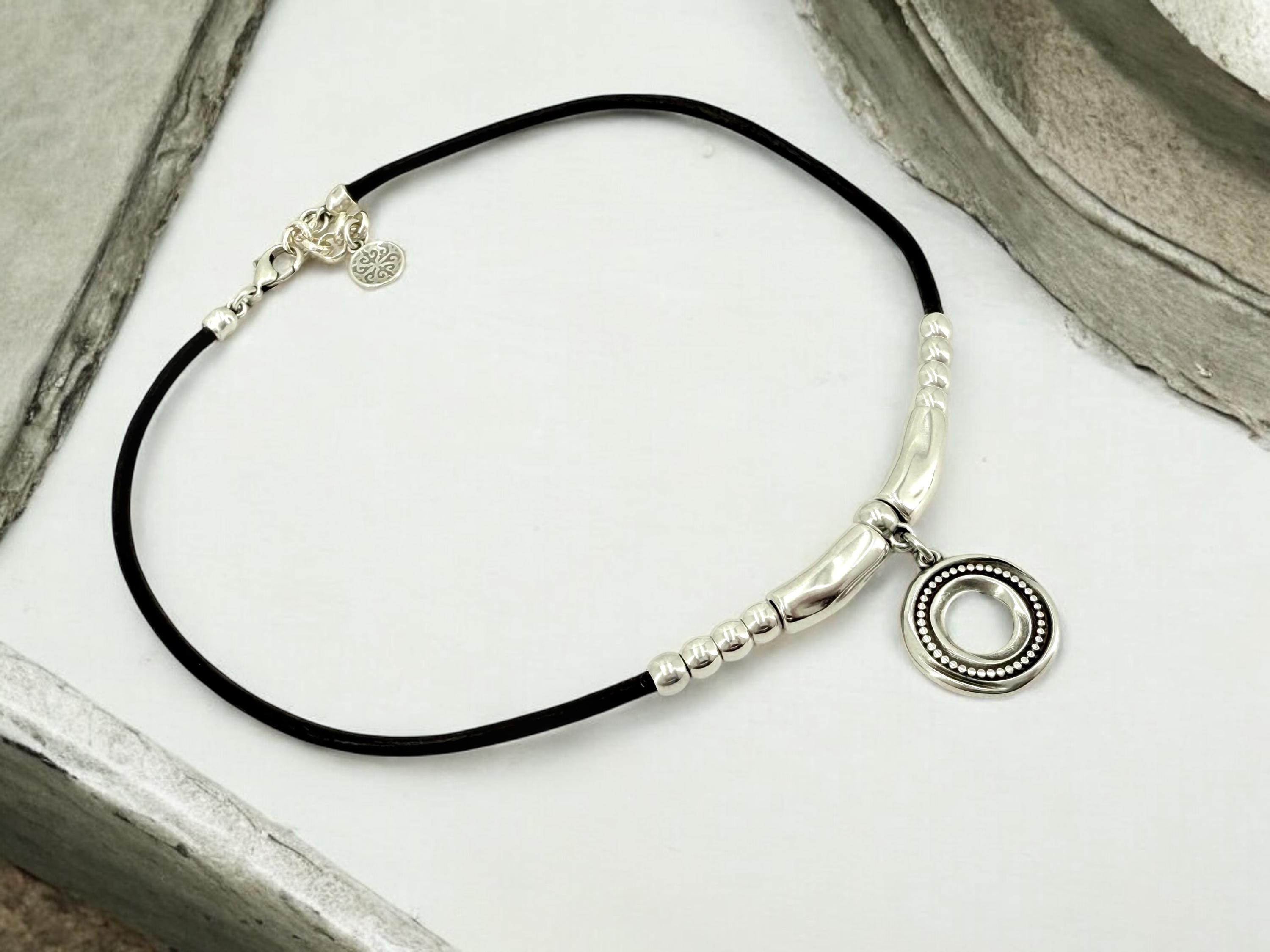 Leather necklace with silver beads and circle engraved pendant, gift for her, uno de 50 style, silver pendant leather choker, leather choker