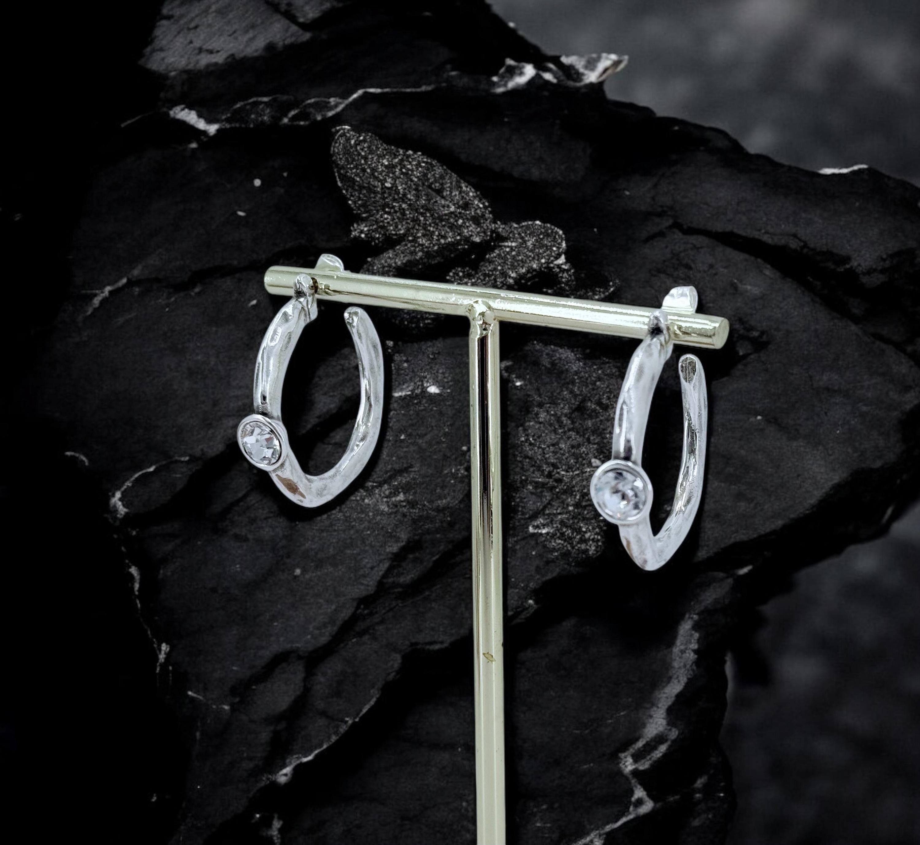 Big chunky silver hoops earrings with Swarovski crystal, bold silver hoop earrings, statement hoops, bulky hoops, large hoops earrings
