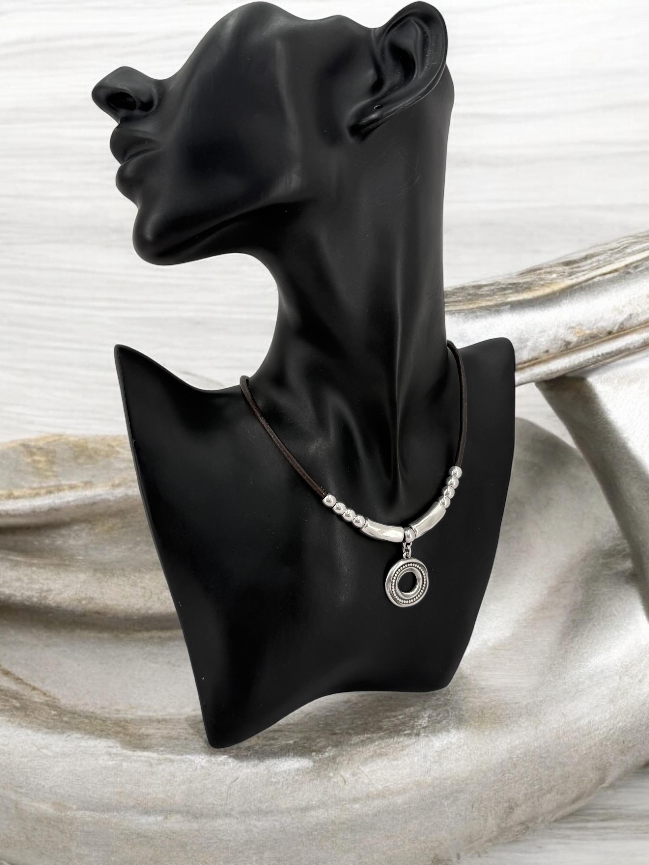 Leather necklace with silver beads and circle engraved pendant, gift for her, uno de 50 style, silver pendant leather choker, leather choker