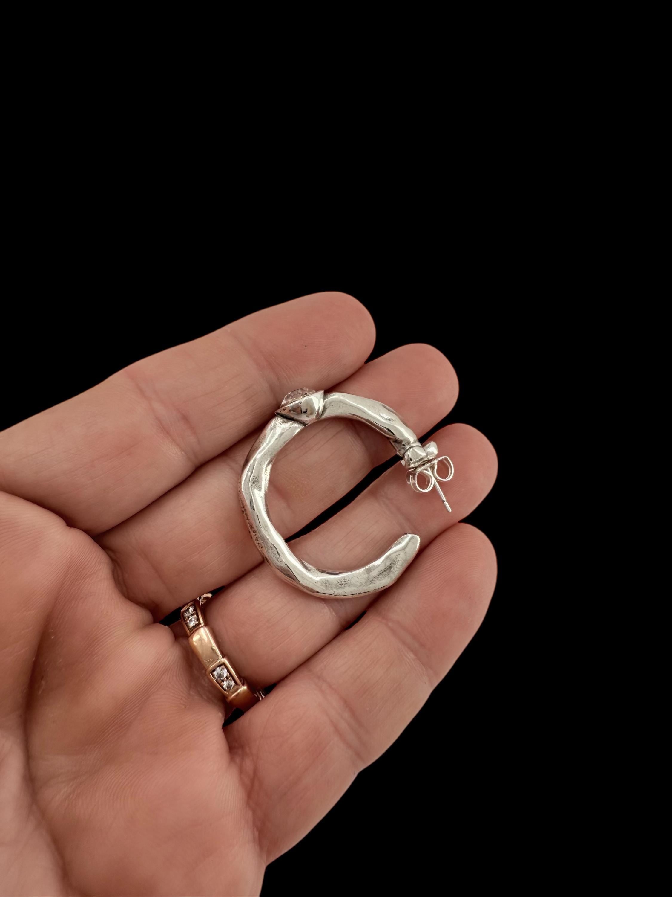 Big chunky silver hoops earrings with Swarovski crystal, bold silver hoop earrings, statement hoops, bulky hoops, large hoops earrings