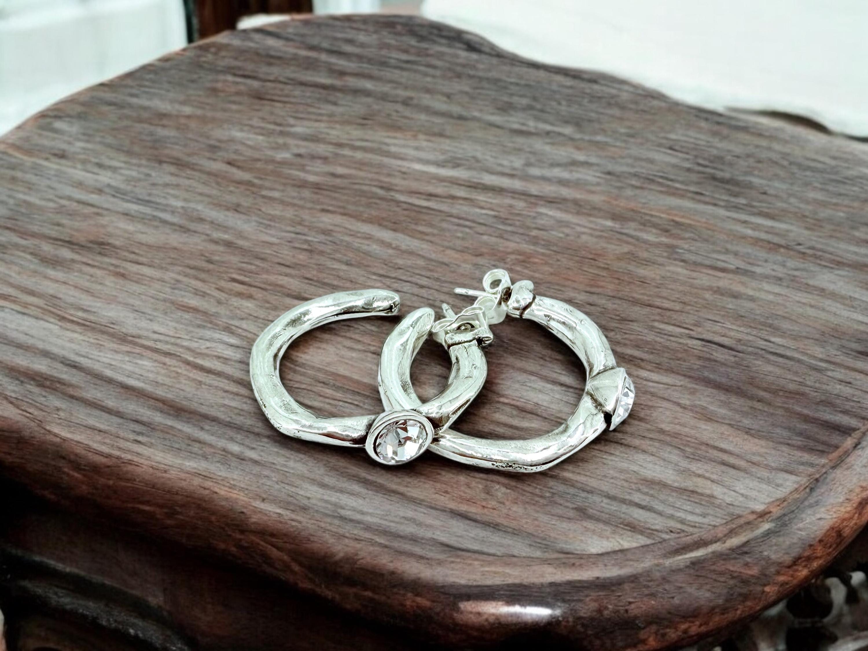 Big chunky silver hoops earrings with Swarovski crystal, bold silver hoop earrings, statement hoops, bulky hoops, large hoops earrings