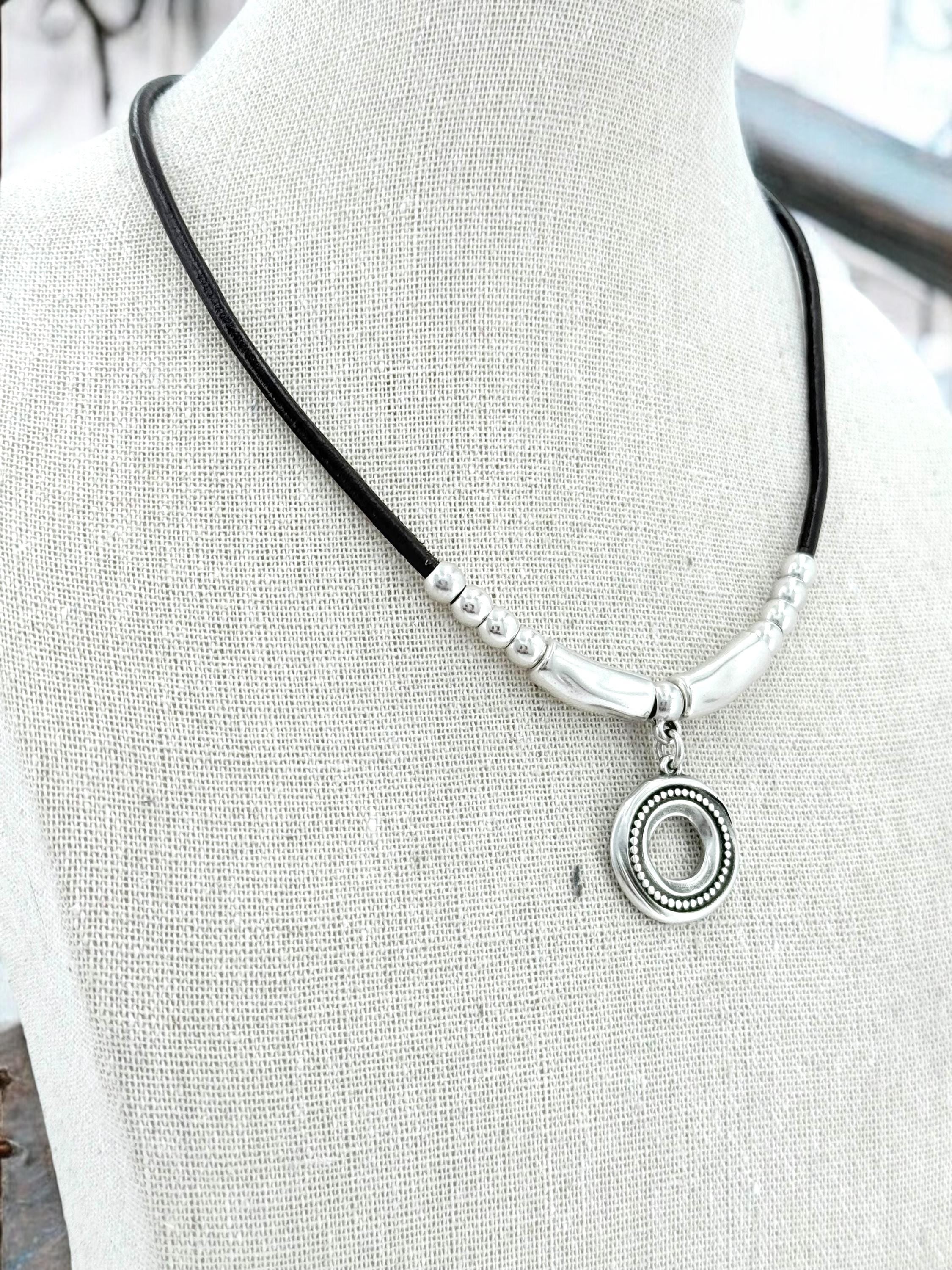 Leather necklace with silver beads and circle engraved pendant, gift for her, uno de 50 style, silver pendant leather choker, leather choker