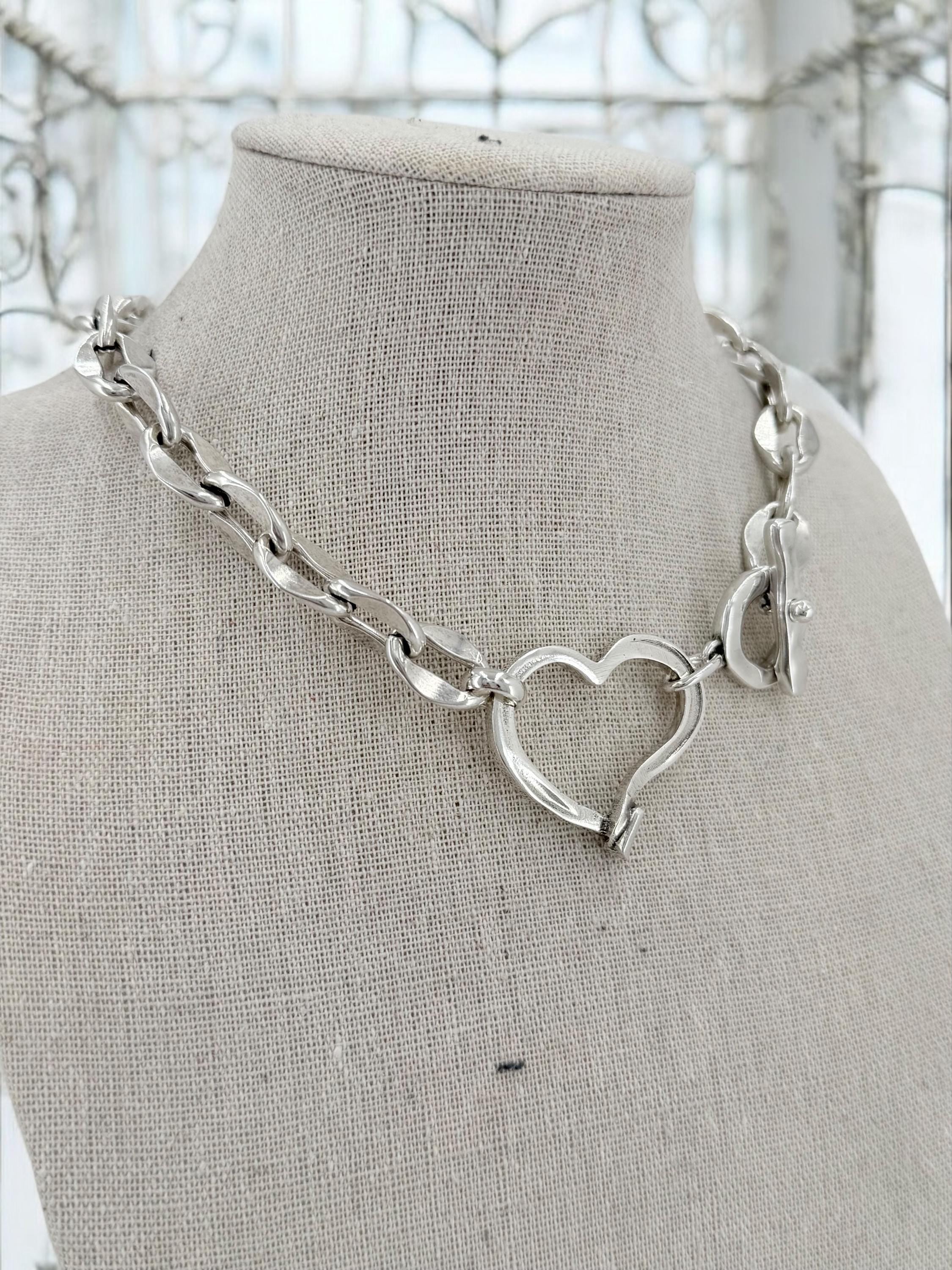 Chunky Silver Heart Necklace – Bold Chain Choker – Heavyweight Statement Jewelry – Inspired – Handmade Gift for Her