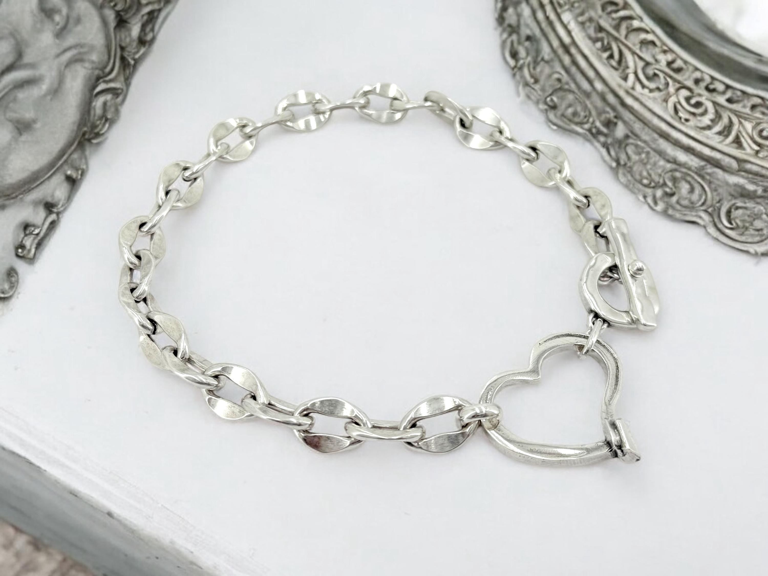Chunky Silver Heart Necklace – Bold Chain Choker – Heavyweight Statement Jewelry – Uno de 50 Inspired – Handmade Gift for Her