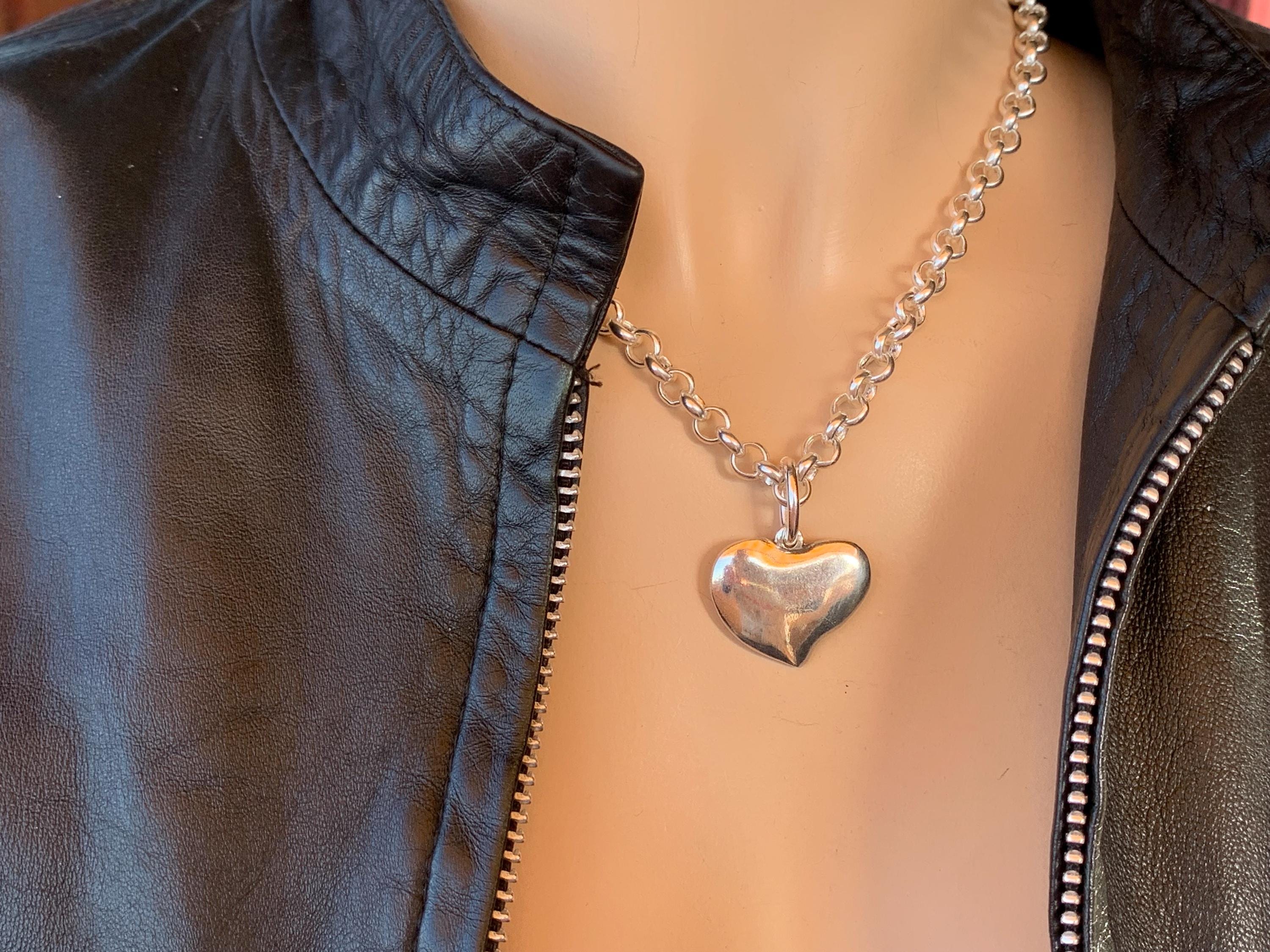 Heart pendant chunky silver chain necklace, silver heavyweight rolo chain necklace, heart pendant necklace, uno de 50 style, Valentines gift