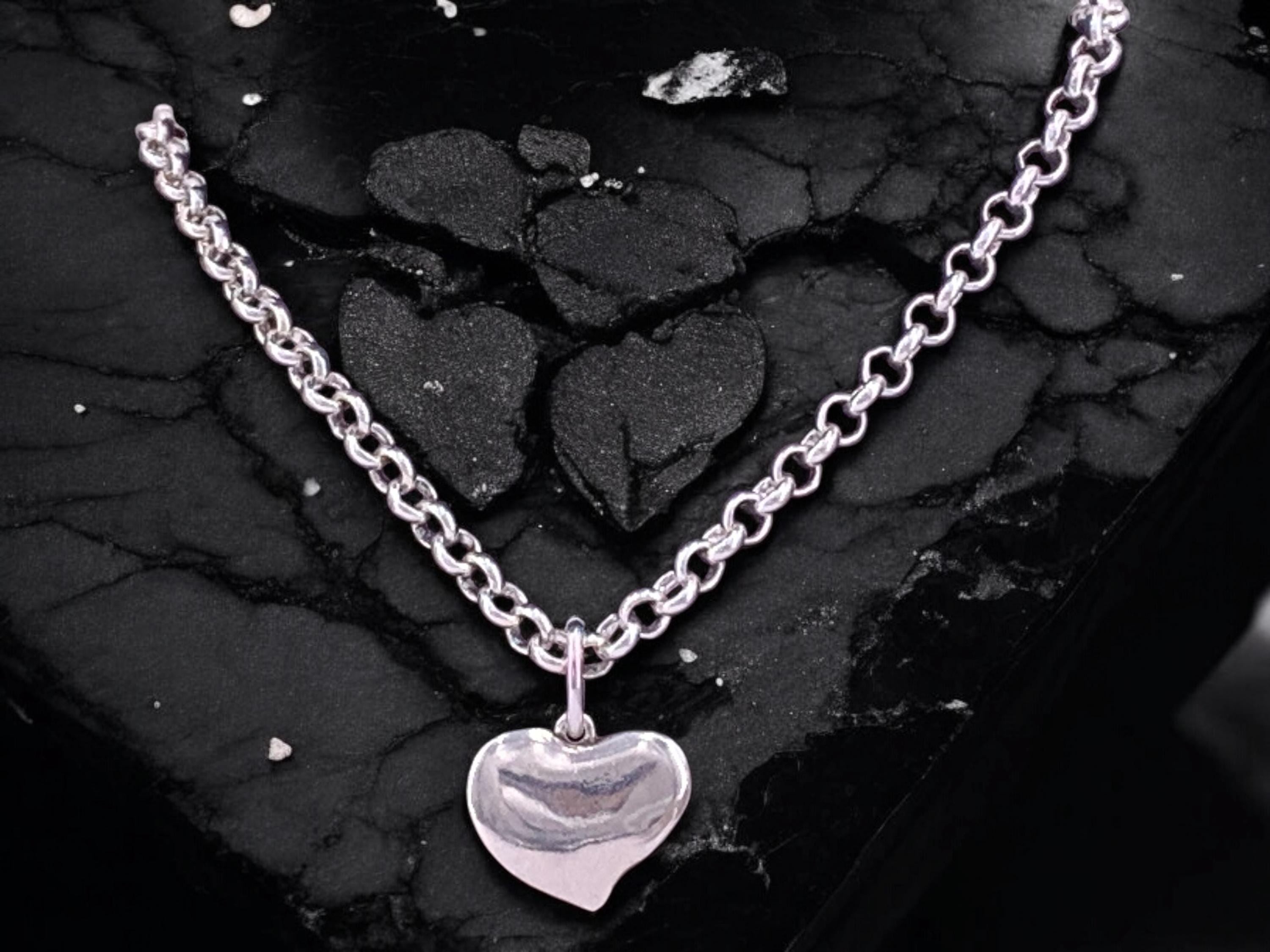 Heart pendant chunky silver chain necklace, silver heavyweight rolo chain necklace, heart pendant necklace, uno de 50 style, Valentines gift