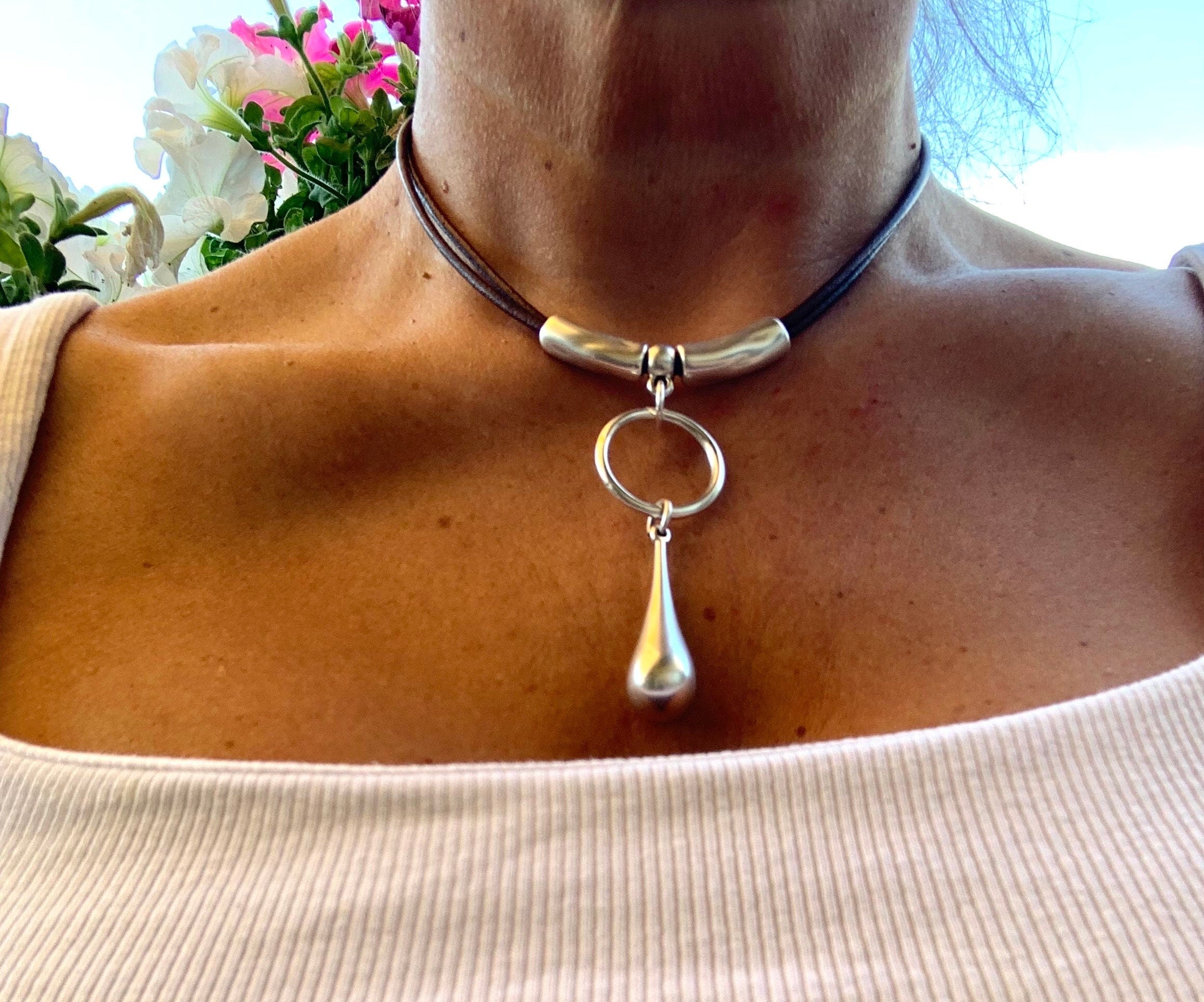 Dropped silver pendant leather necklace, silver necklace, drop tear necklace, chunky pendant necklace, , Ibiza necklace,